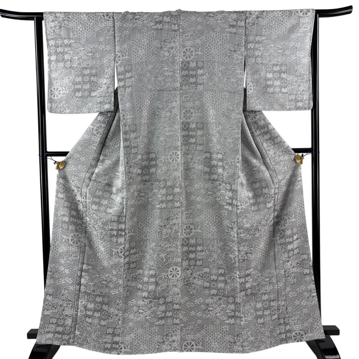美品】 小紋 身丈159cm 裄丈68cm L 袷 紬地 証紙あり 草花 露芝 茶色