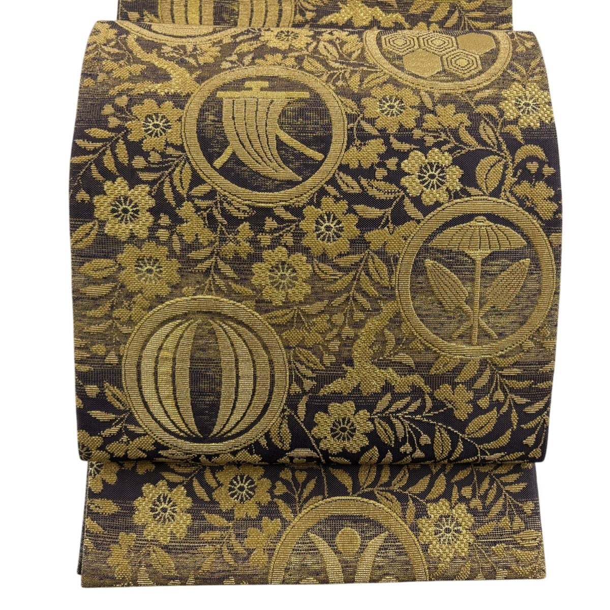 美品】 袋帯 秀品 夏帯 紗 花丸文 秋草 金糸 箔 灰茶 六通 正絹｜中古