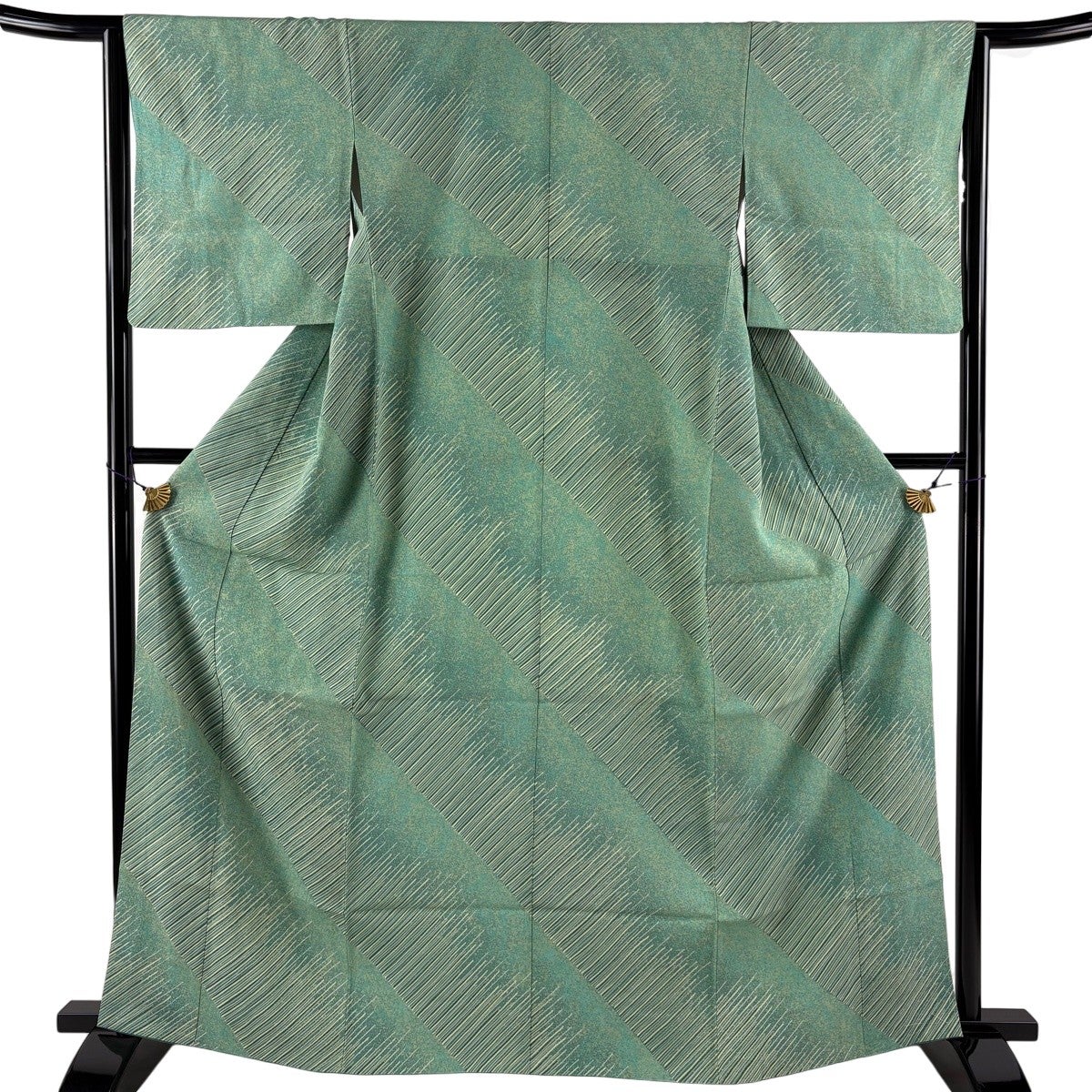 美品】 小紋 身丈156cm 裄丈63cm S 袷 紬地 縦縞 草花 深緑 正絹 秀品 