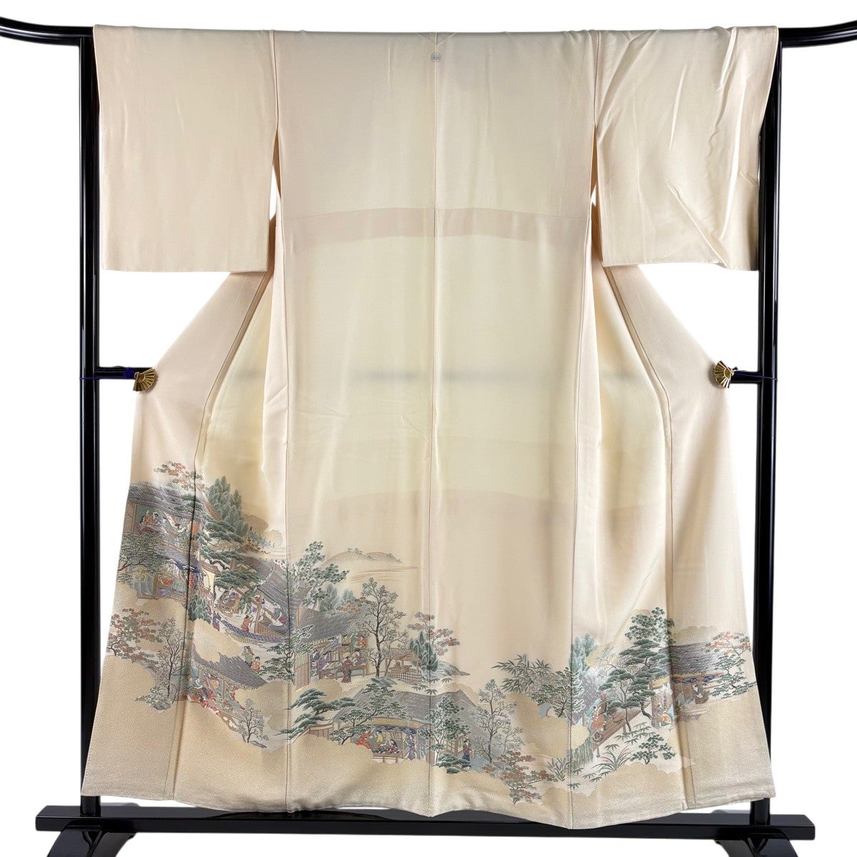 色留袖 身丈155cm 裄丈66cm M 袷 町風景 雲文 金糸 薄オレンジ 正絹 秀
