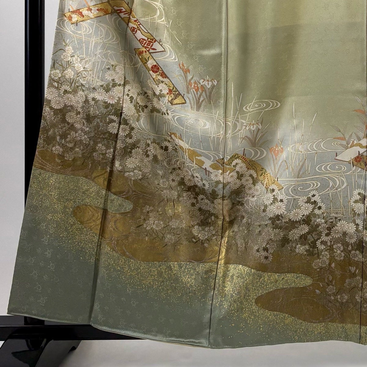 振袖フルセット袷 藤 草花 金糸 金彩 灰緑 正絹 色留袖 身丈160cm 裄丈65.5cm M 袷 八橋 草花 金糸 金彩 灰緑 正絹 秀