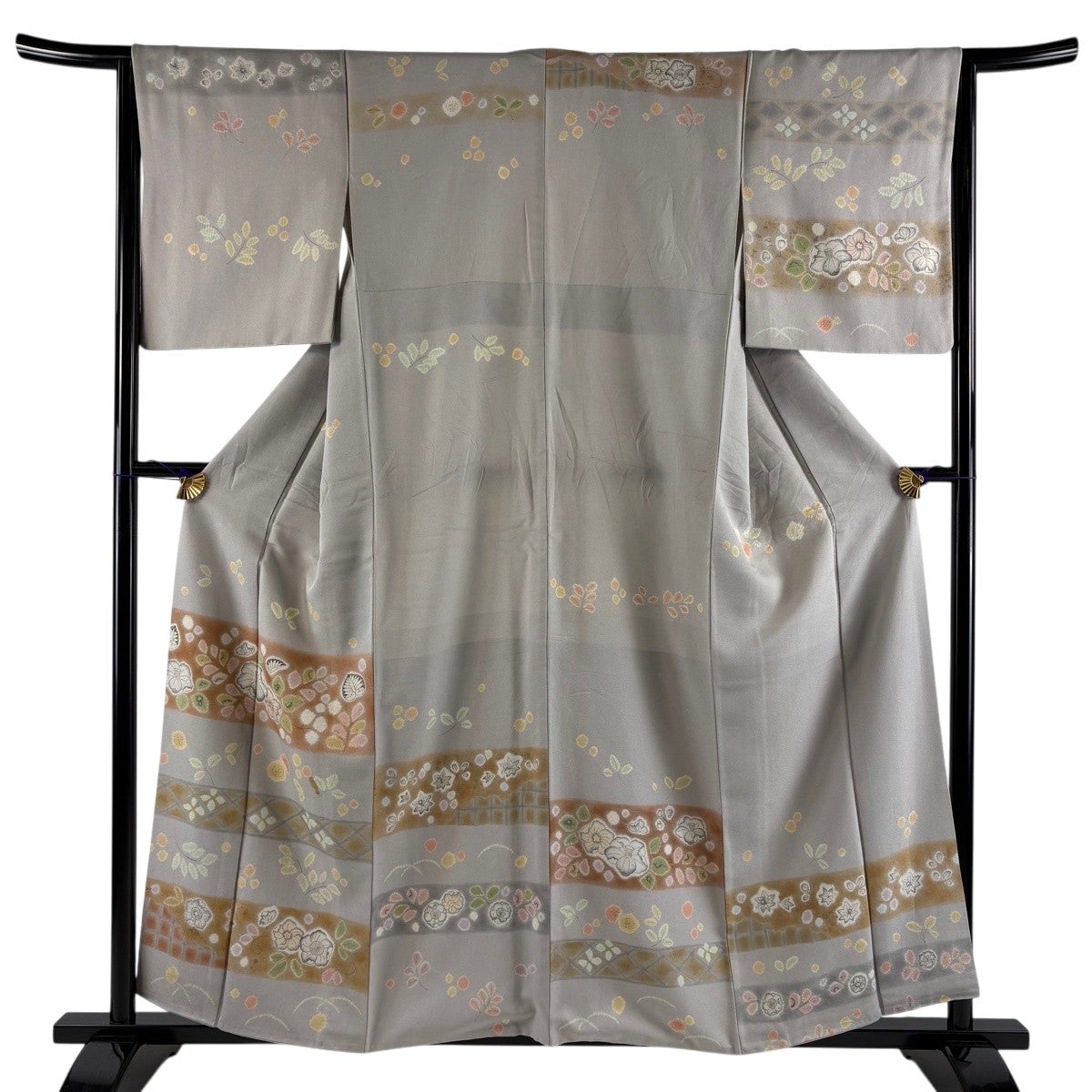 訪問着 身丈158.5cm 裄丈65cm M 袷 辻が花柄 金彩 灰色 正絹 名品