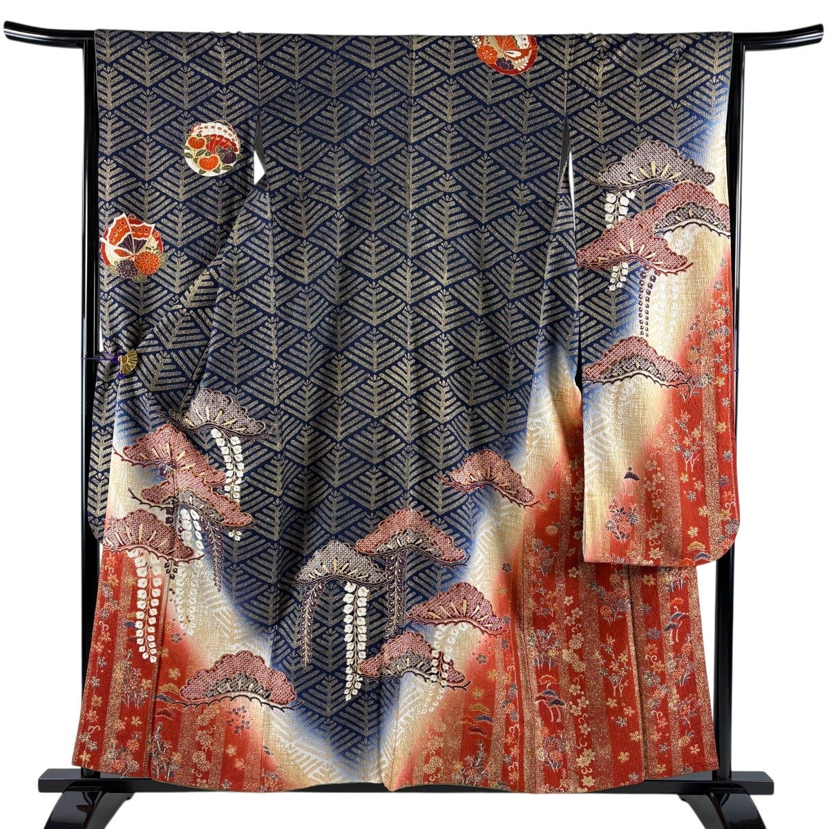 振袖 身丈158cm 裄丈65cm M 袷 笠松 藤 金糸 金彩 紺色 正絹 秀品