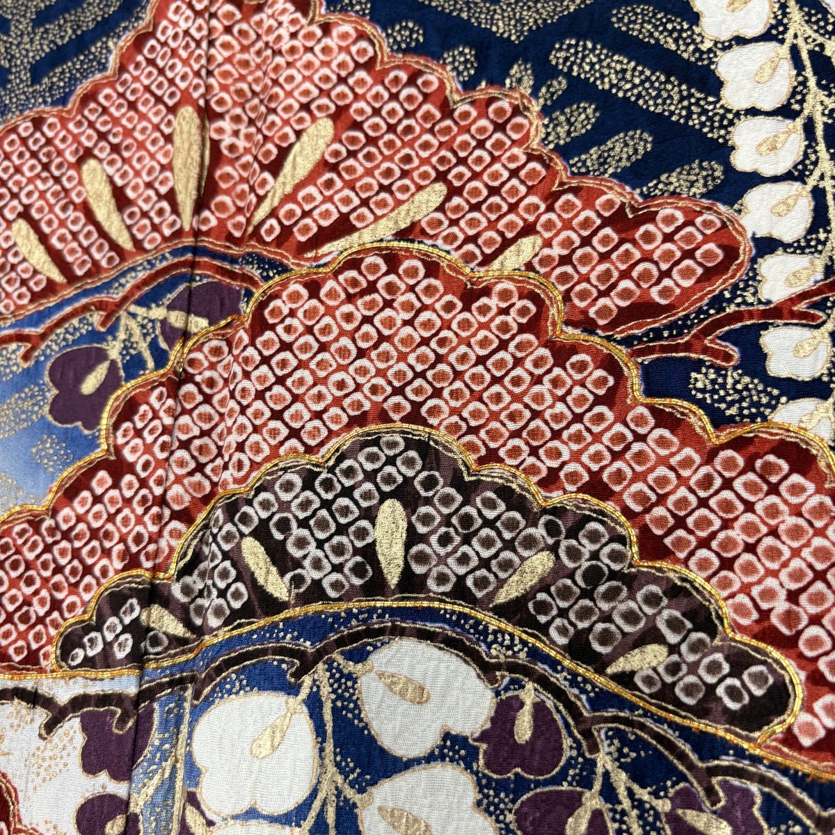 振袖 身丈158cm 裄丈65cm M 袷 笠松 藤 金糸 金彩 紺色 正絹 秀品