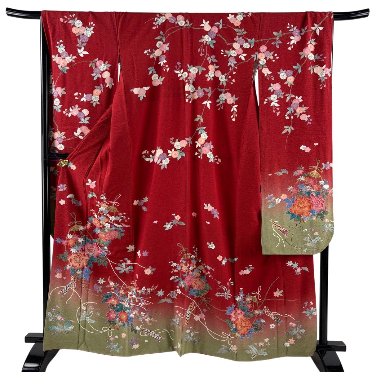 【振袖フルセット】草花 金彩 染め分け 赤 正絹 振袖 身丈163cm 裄丈68cm L 袷 草花 七宝 金彩 縮緬 赤 正絹 秀品