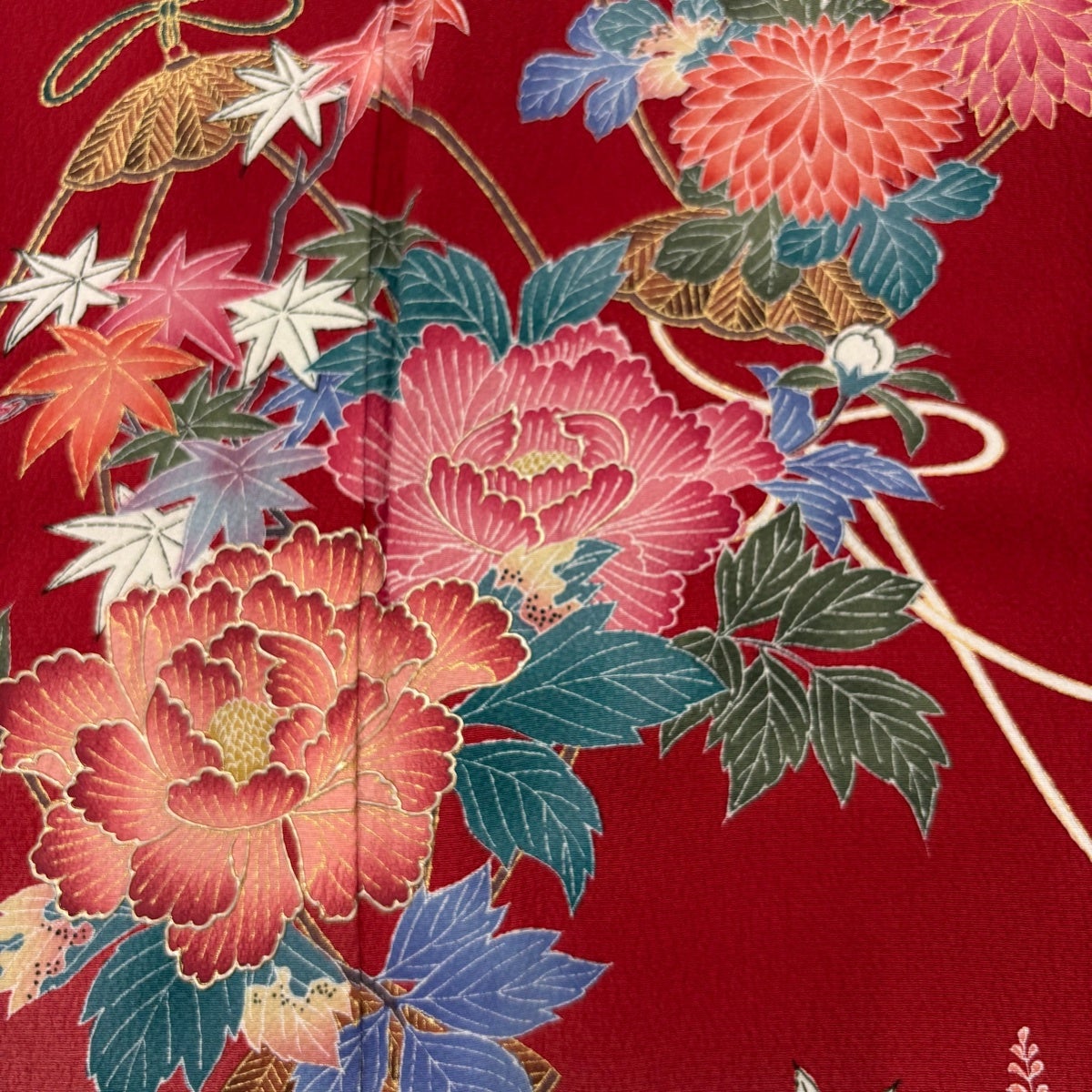 振袖 身丈163cm 裄丈68cm L 袷 草花 七宝 金彩 縮緬 赤 正絹 秀品