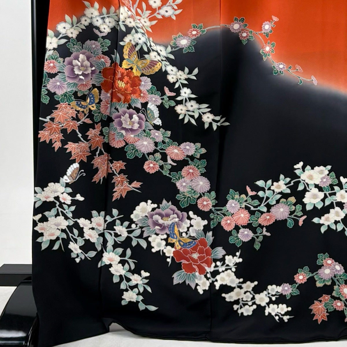 振袖 身丈172cm 裄丈69cm L 袷 蝶 草花 刺繍 金銀彩 オレンジ 正絹 秀