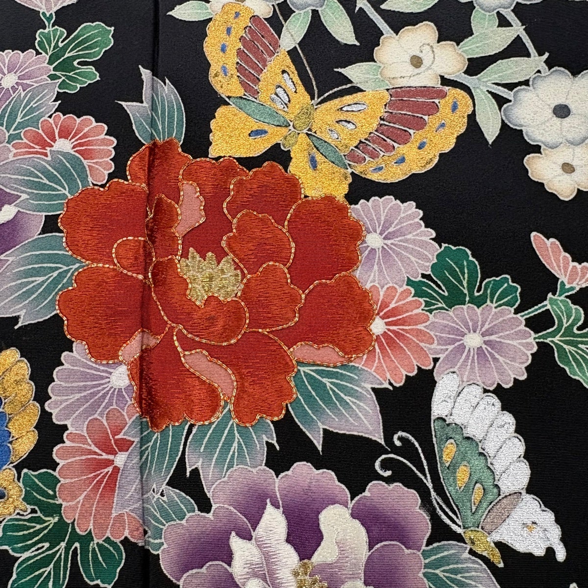 振袖 身丈172cm 裄丈69cm L 袷 蝶 草花 刺繍 金銀彩 オレンジ 正絹 秀