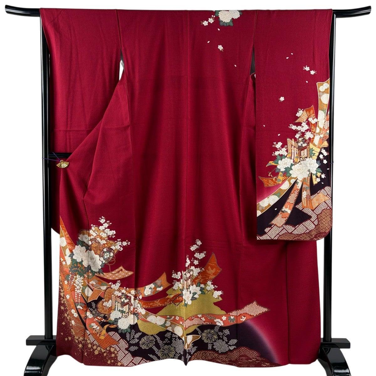 振袖 身丈167.5cm 裄丈66cm M 袷 鼓 熨斗 金彩 茜色 正絹 秀品｜中古