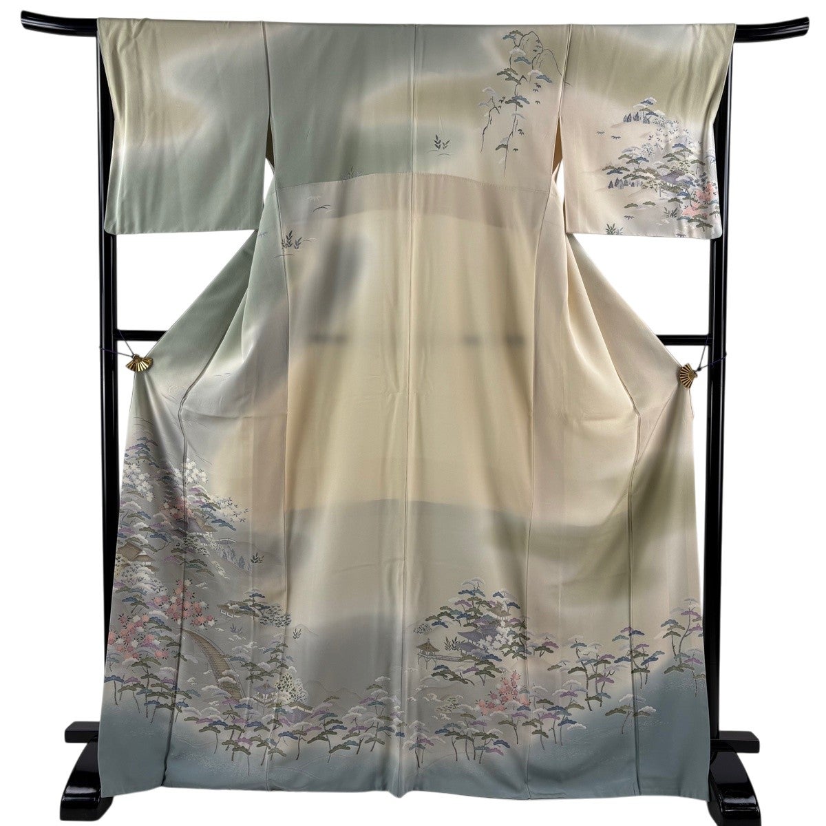 美品】 訪問着 身丈166cm 裄丈66cm M 袷 蝶 藤 金彩 染め分け 黄土色