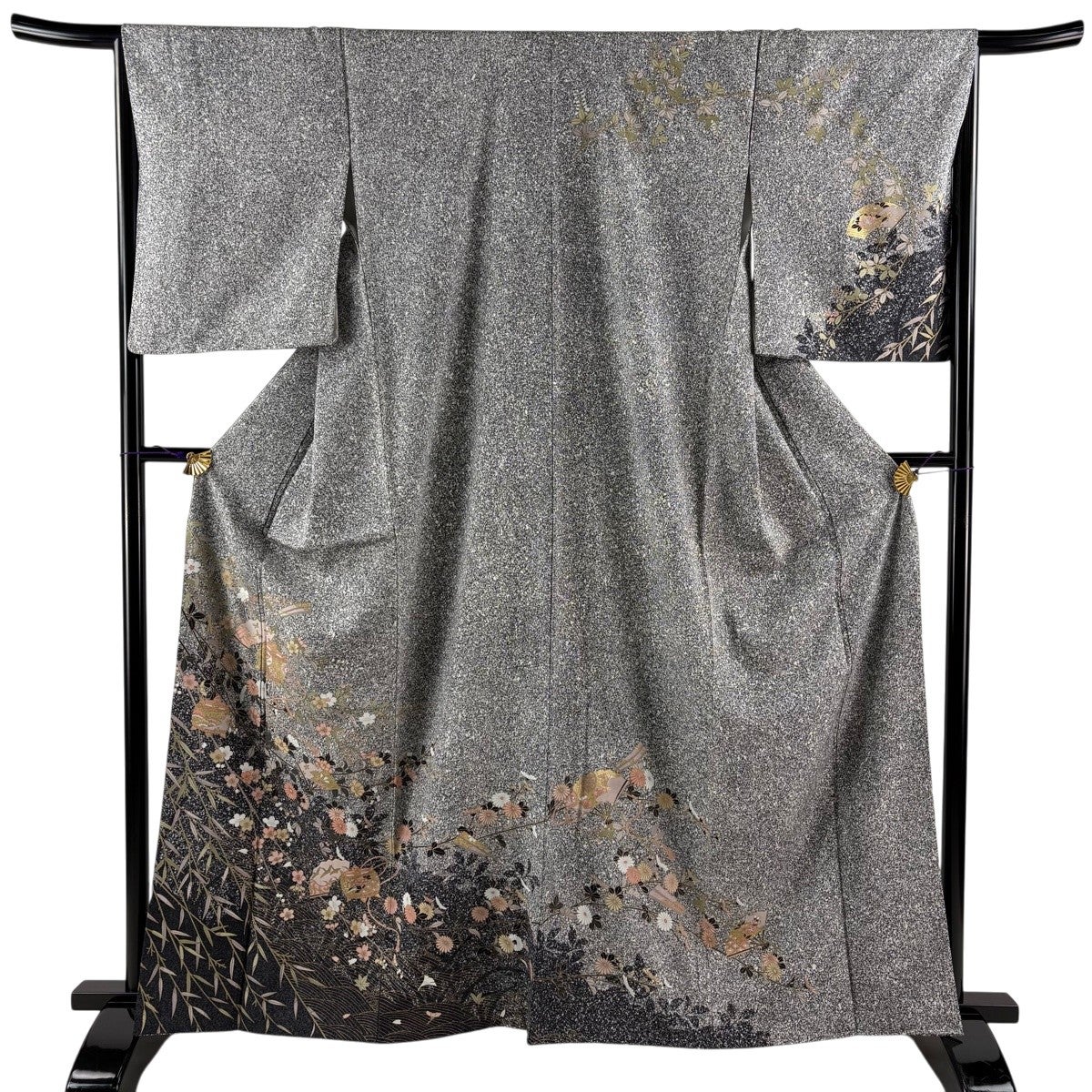 訪問着 身丈154.5cm 裄丈68.5cm L 袷 扇面 草花 金糸 刺繍 灰紫 正絹
