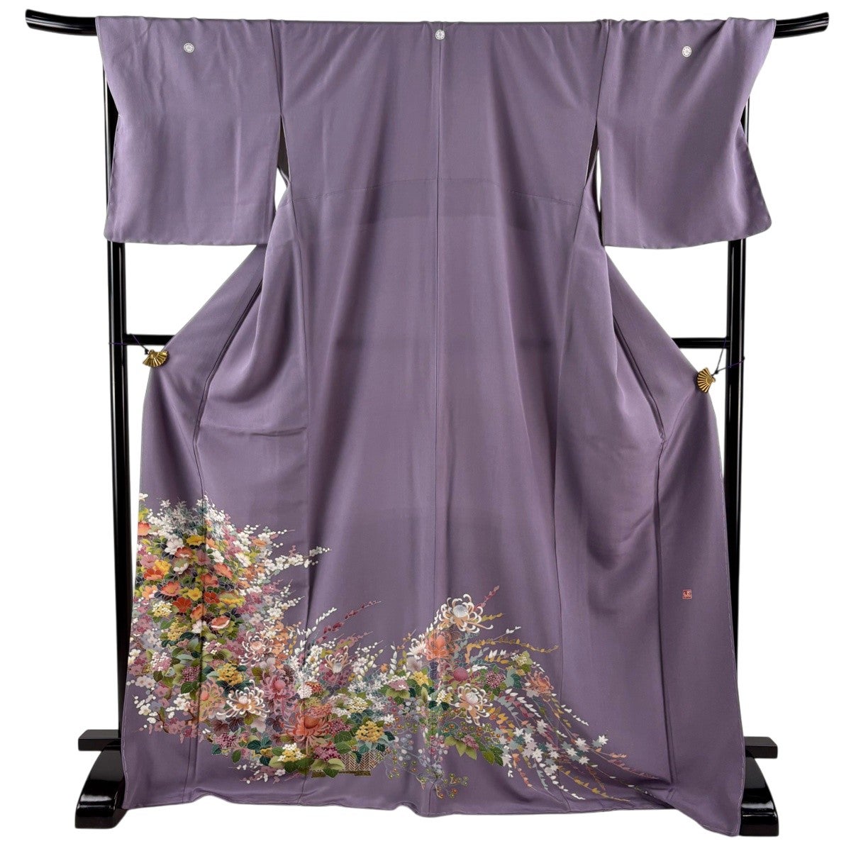 美品】 色留袖 身丈173cm 裄丈72cm L 袷 落款あり 草花 菊 薄紫 正絹