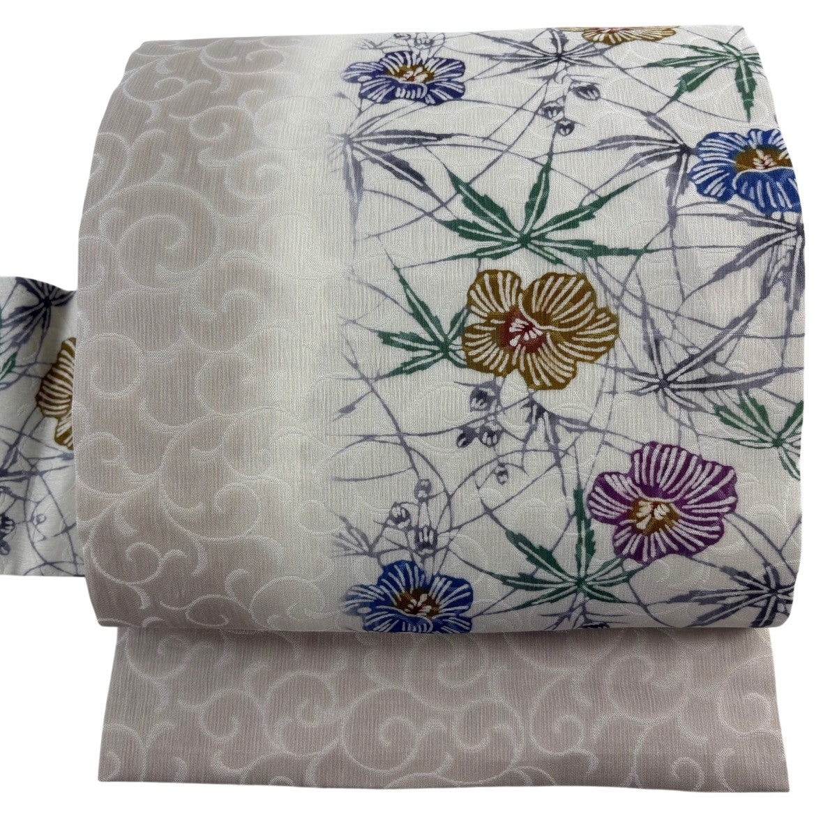 美品】 名古屋帯 逸品 城間栄順 落款あり 草花 蝶 琉球紅型 青灰色