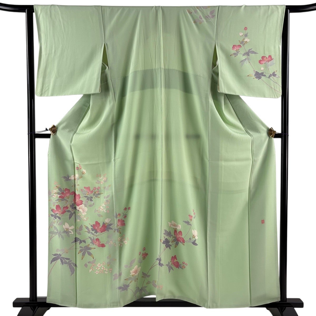 淡い緑の着物 在庫一掃】 訪問着 身丈158cm 裄丈63.5cm S 袷 落款あり 草花 薄緑