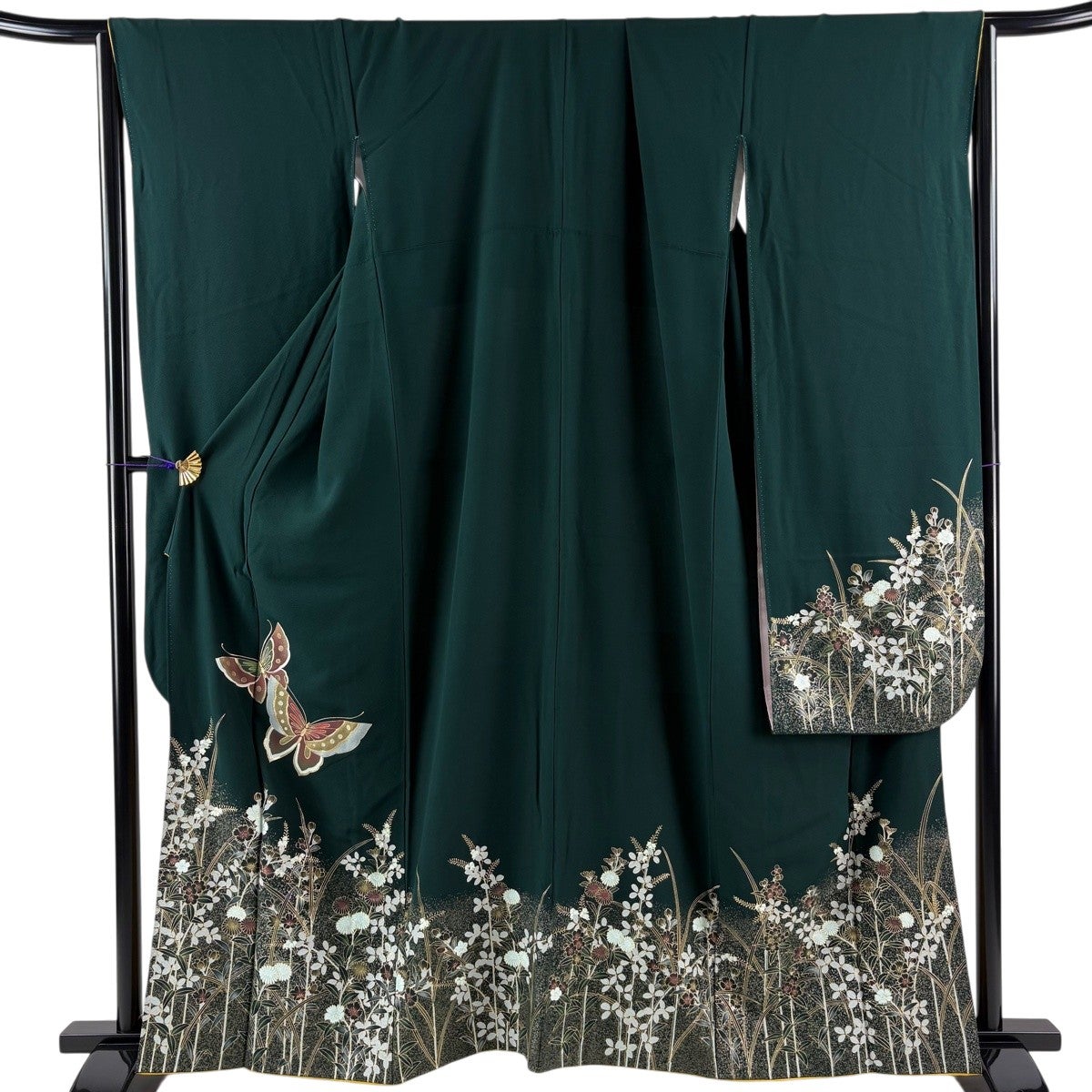 振袖 身丈159.5cm 裄丈67.5cm L 袷 蝶 草花 金彩 深緑 正絹 名品｜中古