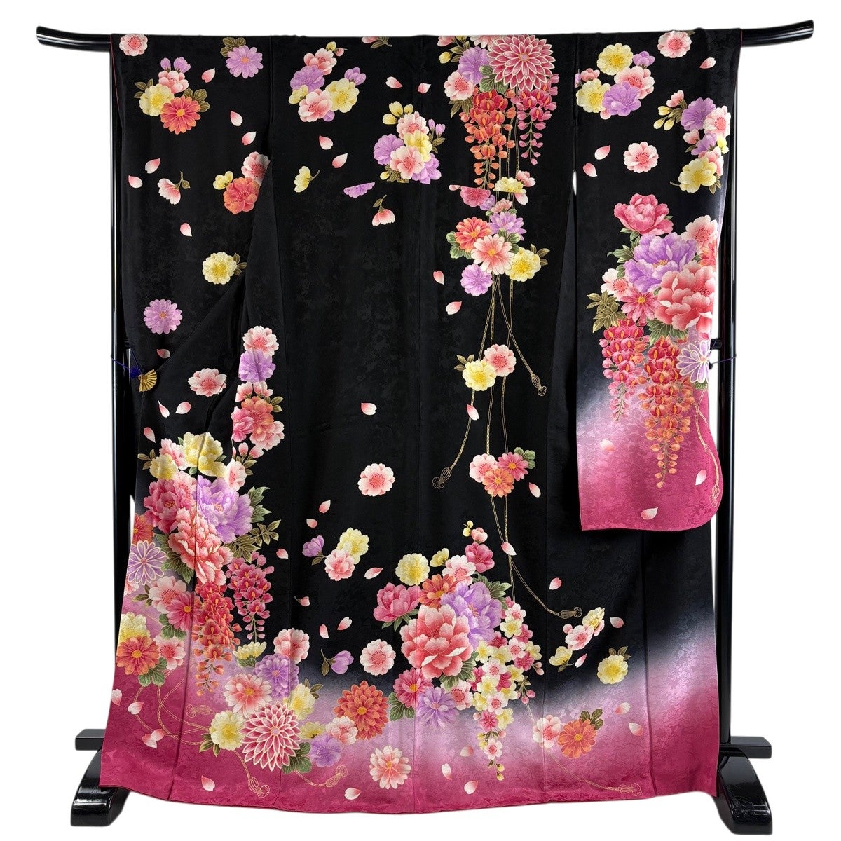 振袖 身丈168cm 裄丈67.5cm L 袷 牡丹 菊 金糸 金彩 黒 正絹 名品
