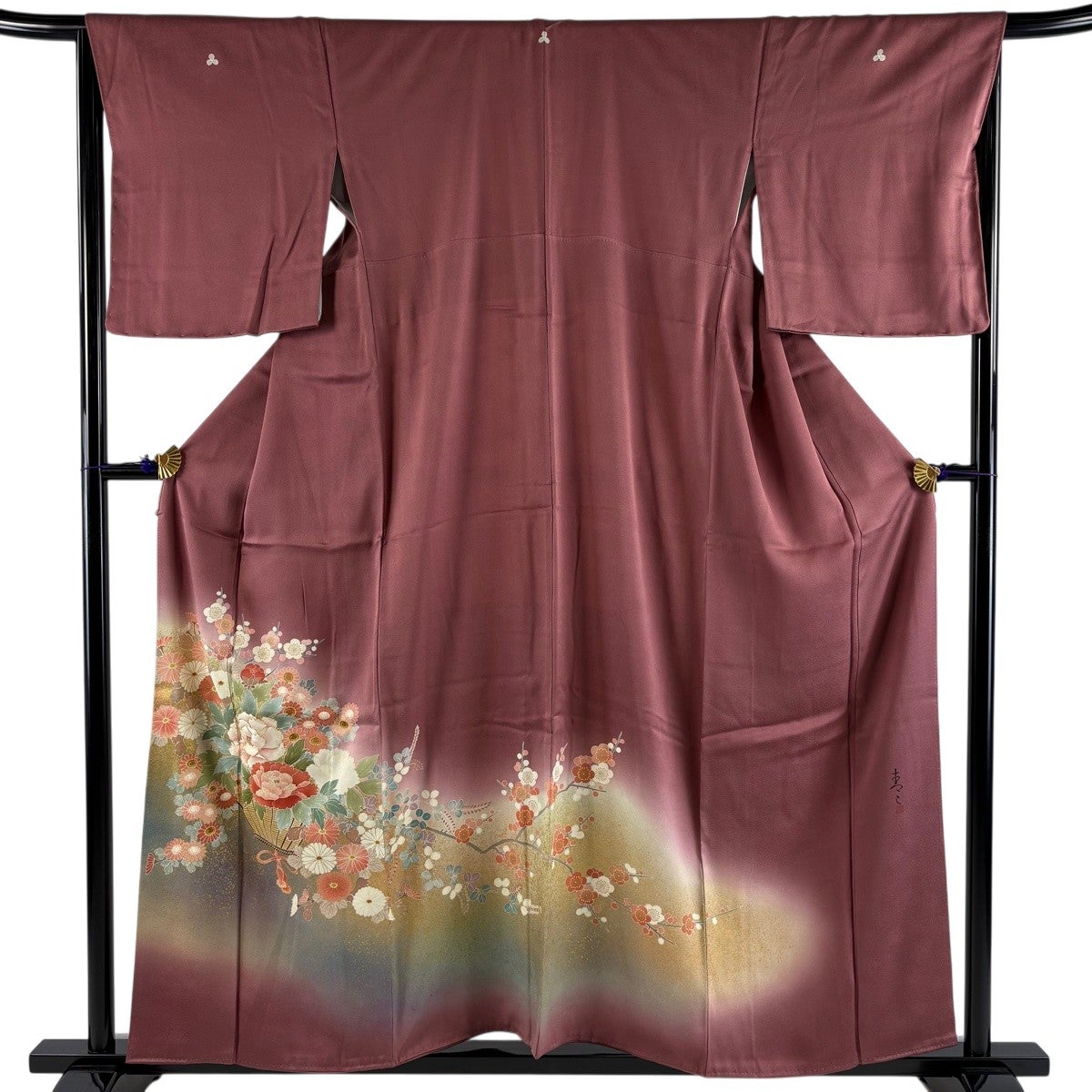 色留袖 身丈157cm 裄丈66.5cm M 袷 松井青々 落款あり 花籠 牡丹 金糸