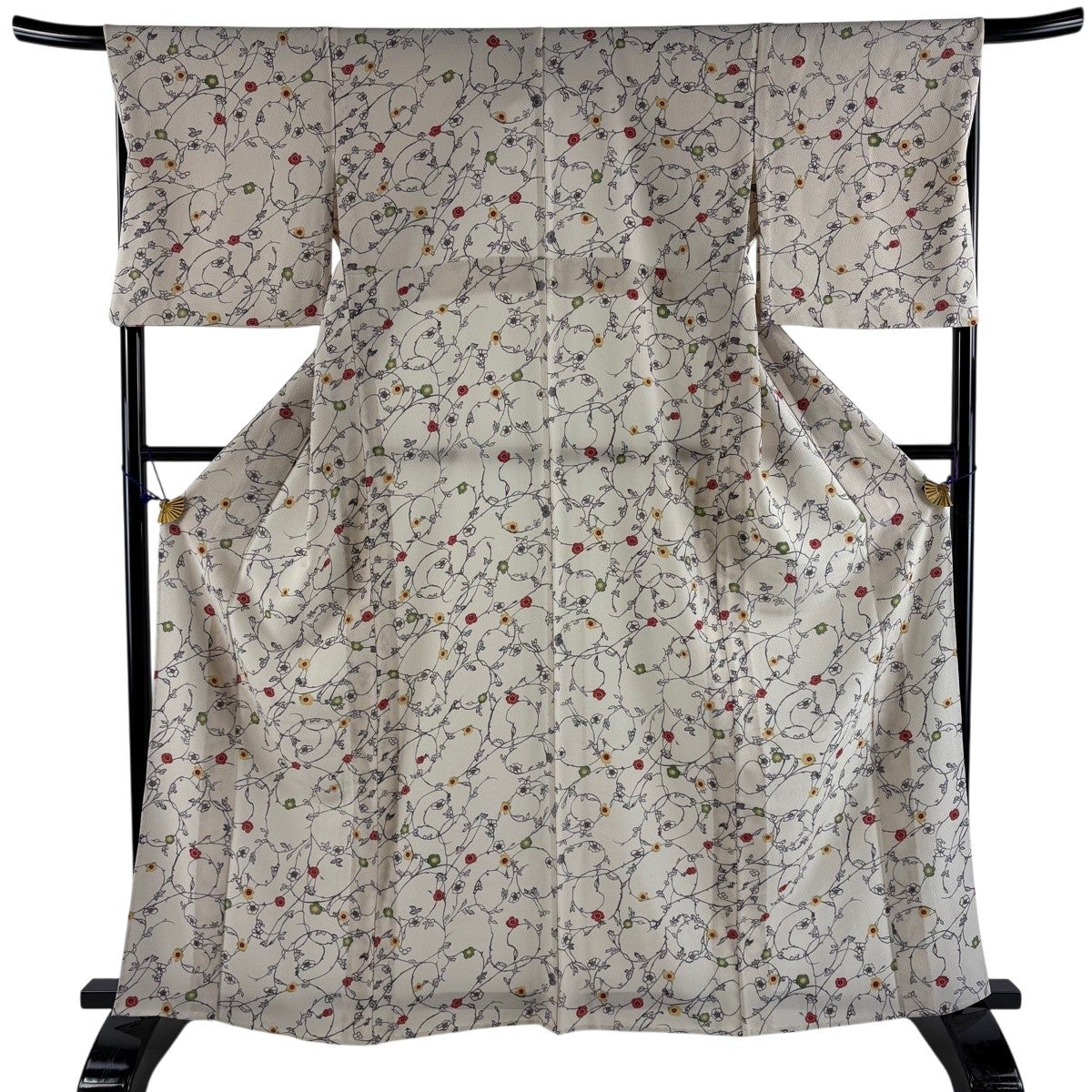 小紋 身丈161.5cm 裄丈65cm M 袷 葉と実 青灰色 化繊 優品｜中古・古着