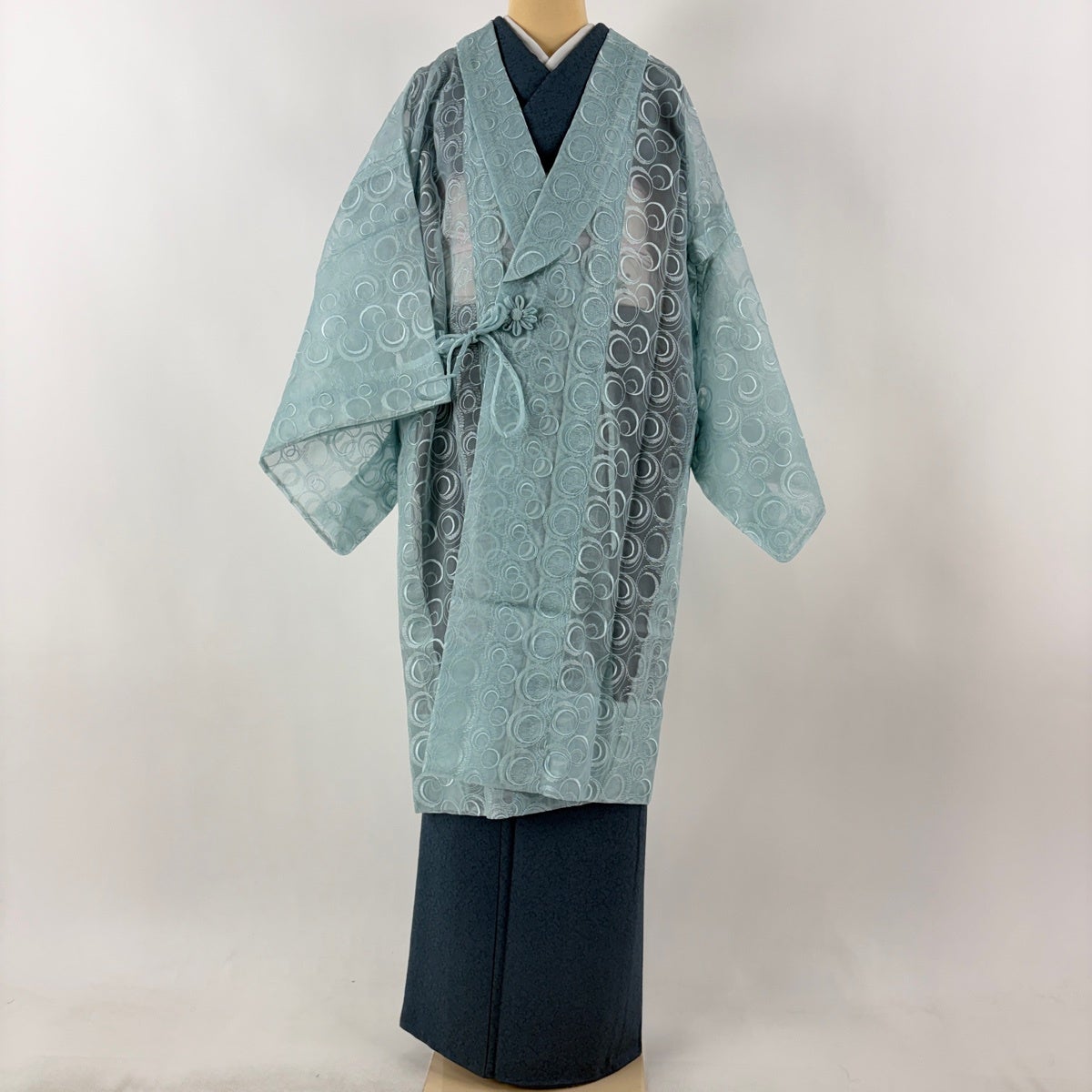 道中着 身丈106cm 裄丈67.5cm L 和装コート へちま衿 幾何学模様 水色