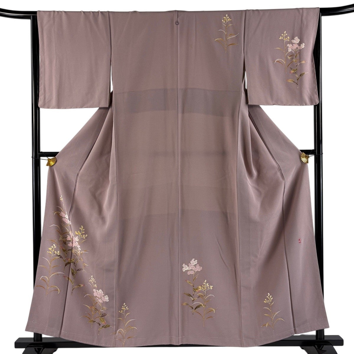 付下げ 身丈155cm 裄丈65cm M 袷 花びら 黒 正絹 秀品｜中古・古着