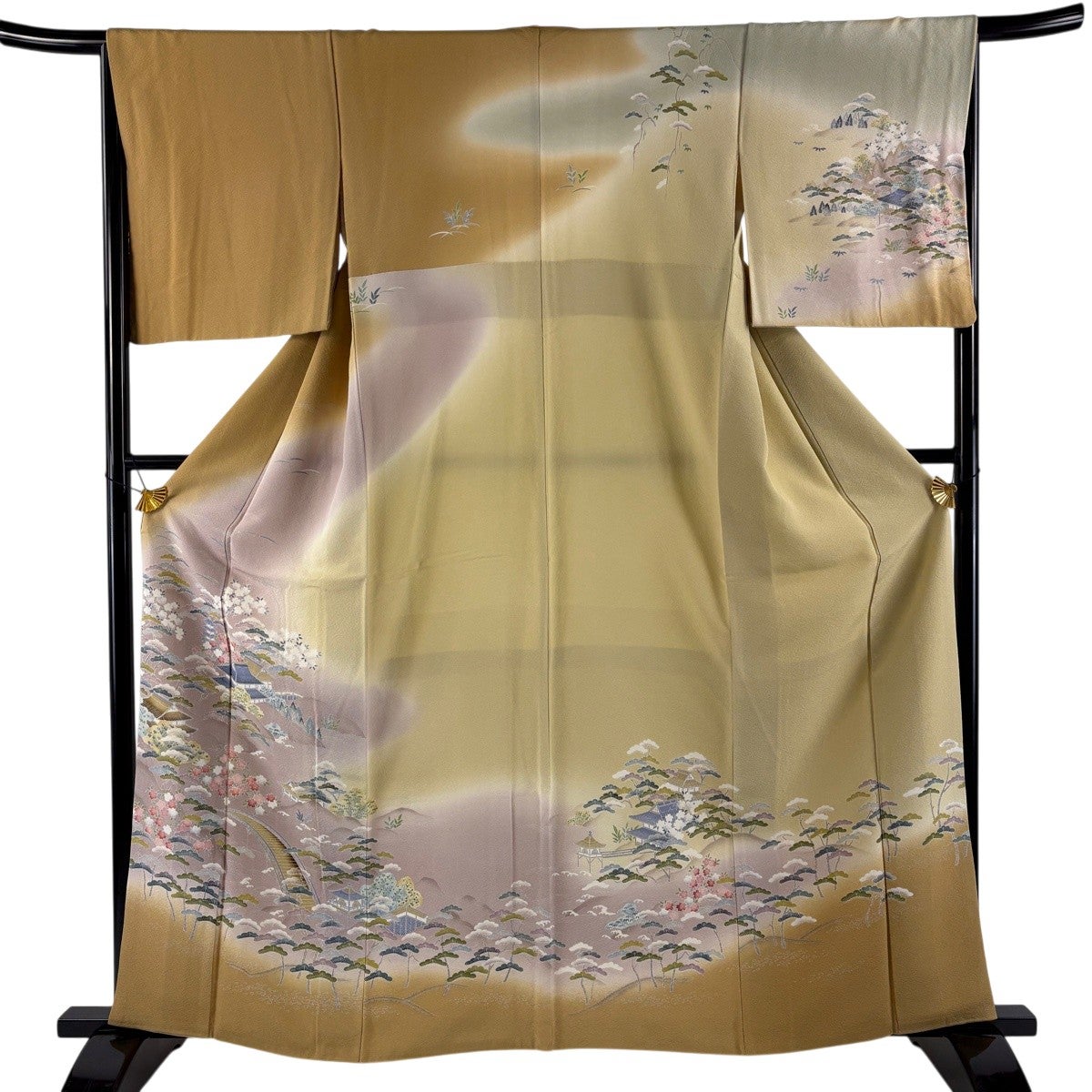 訪問着 身丈162cm 裄丈66cm M 袷 建物 松 染め分け ぼかし 山吹茶色