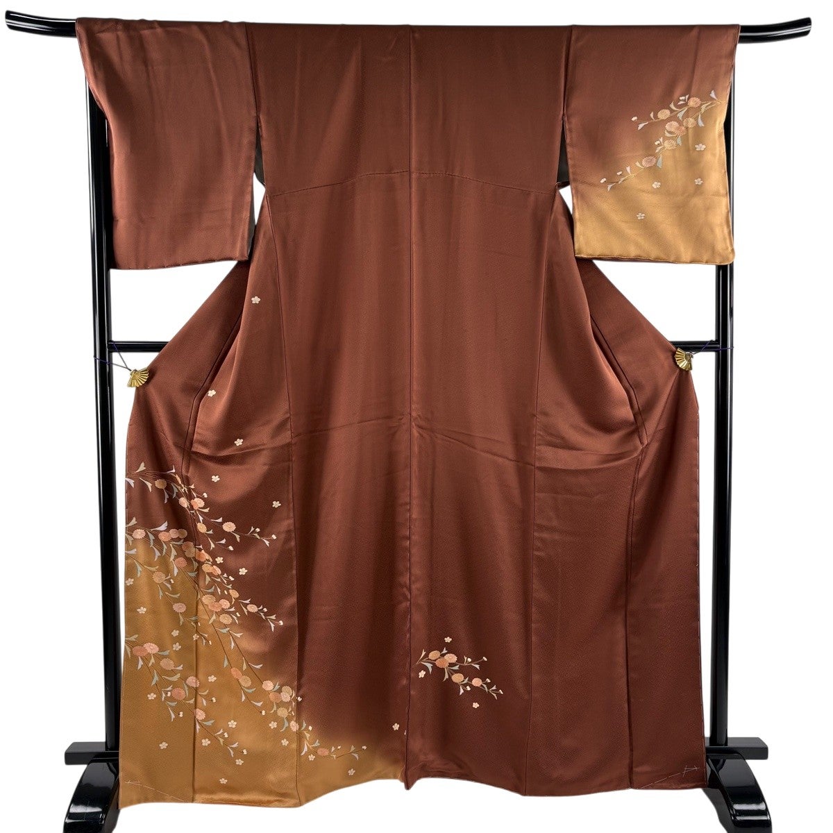 付下げ 身丈166cm 裄丈68cm L 袷 菊 花 金彩 染め分け 茶色 正絹 秀品