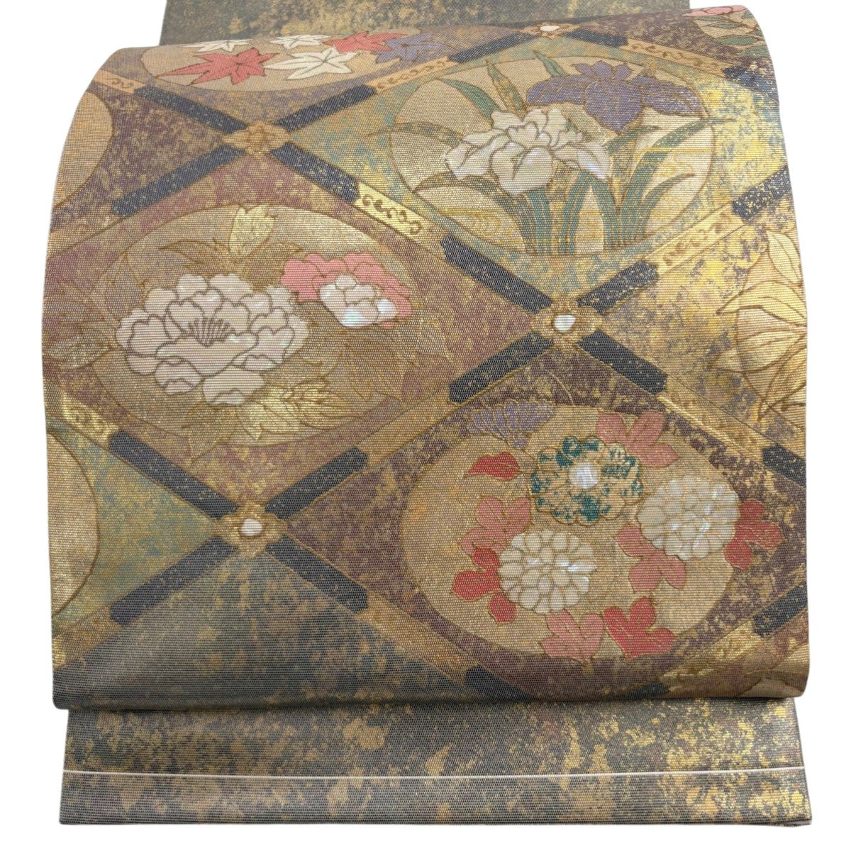 袋帯 秀品 牡丹 菊 箔 螺鈿 金色 お太鼓柄 正絹｜中古・古着