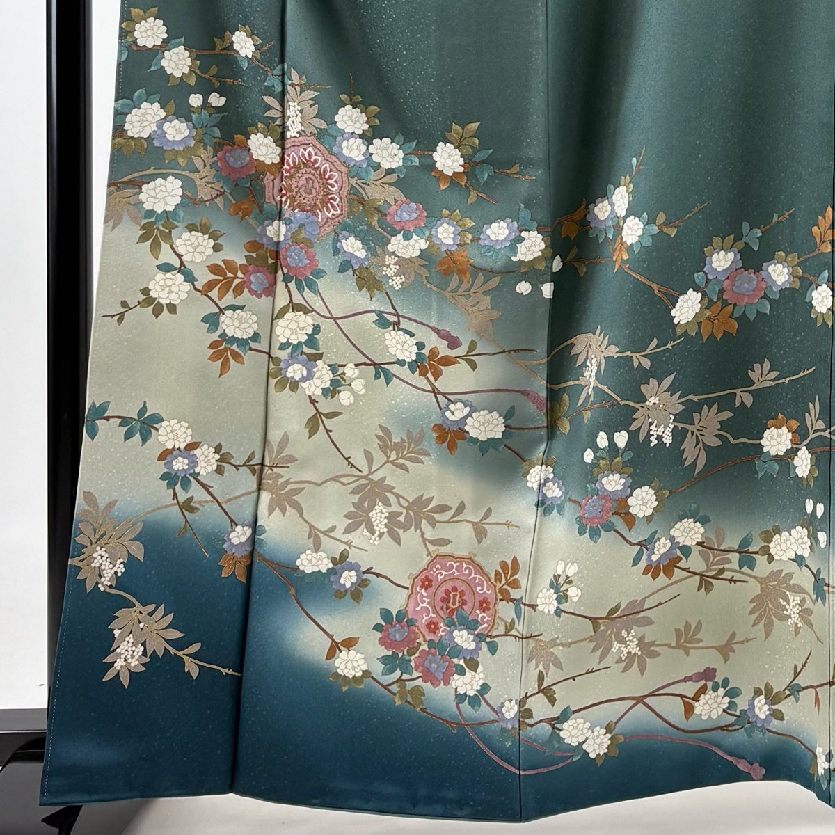 訪問着 身丈162.5cm 裄丈66cm M 袷 鏡裏文 枝花 金彩 ぼかし 深緑 正絹
