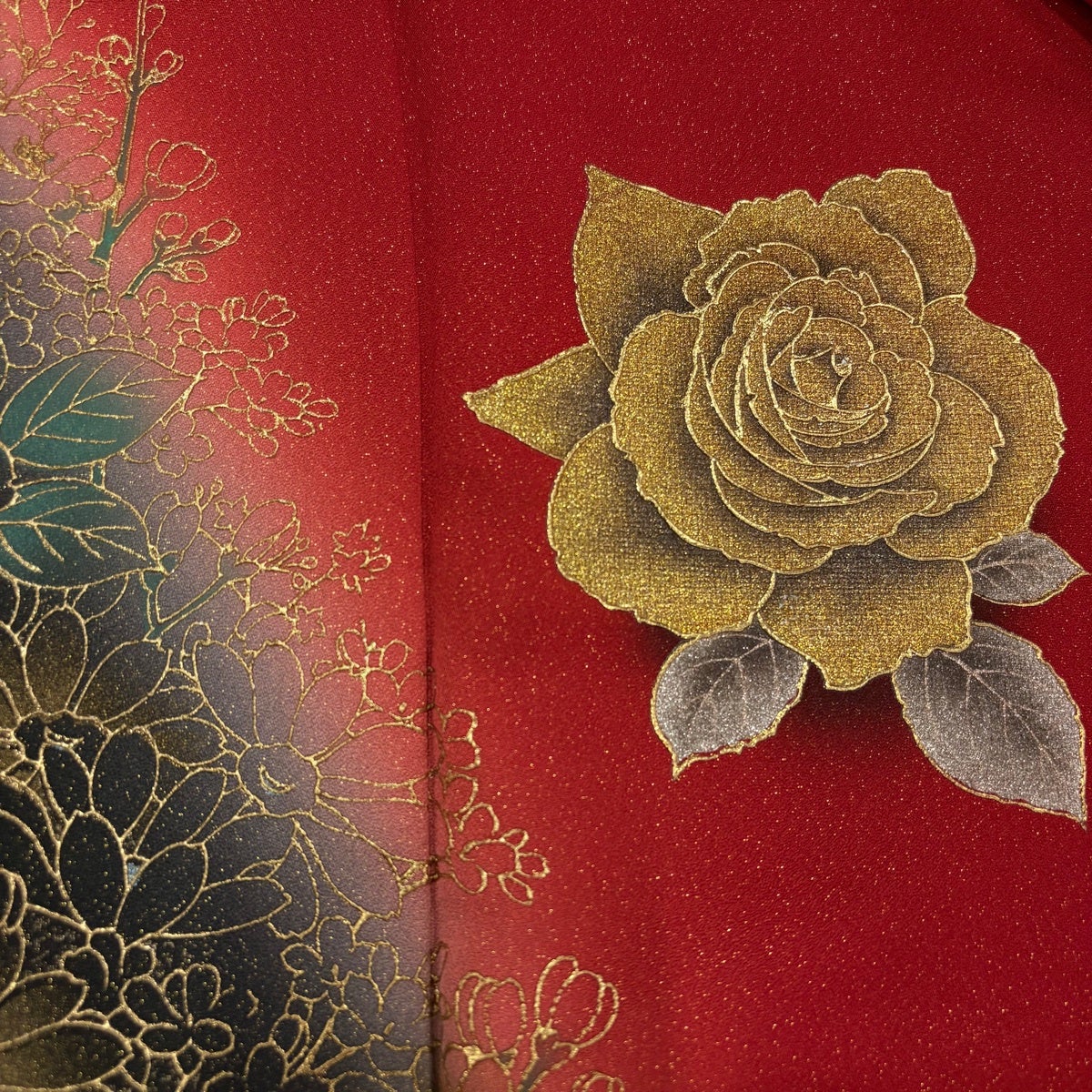振袖 身丈152.5cm 裄丈63cm S 袷 薔薇 草花 金通し 金銀彩 赤 正絹 秀