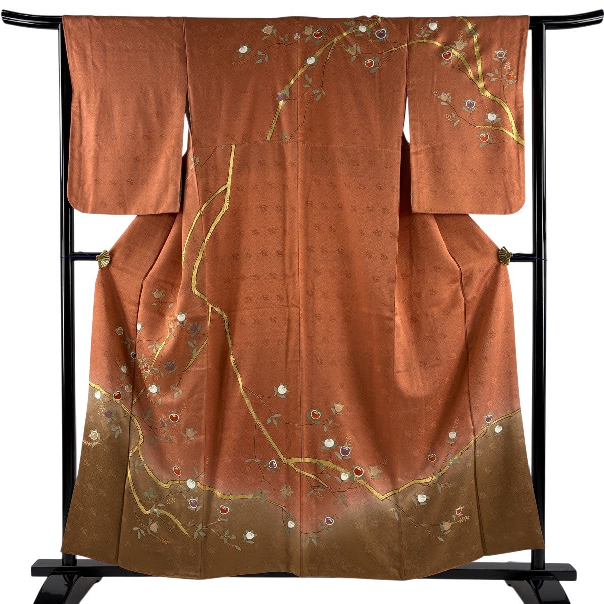 訪問着 身丈163.5cm 裄丈65.5cm M 袷 橘 笹 金彩 染め分け 赤茶 正絹
