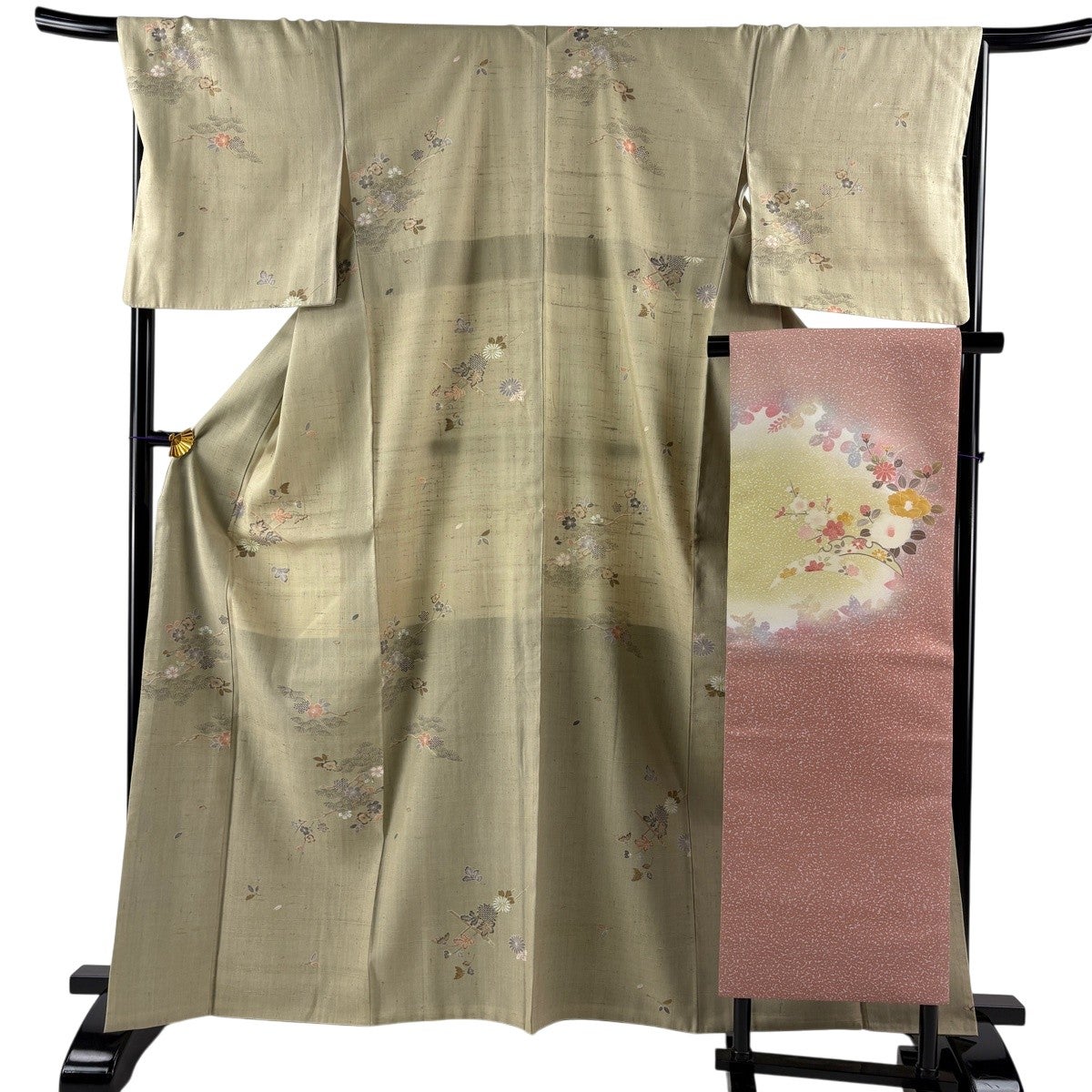 訪問着 身丈159cm 裄丈64cm M 袷 袋帯セット 落款あり 鶴 桜 金彩
