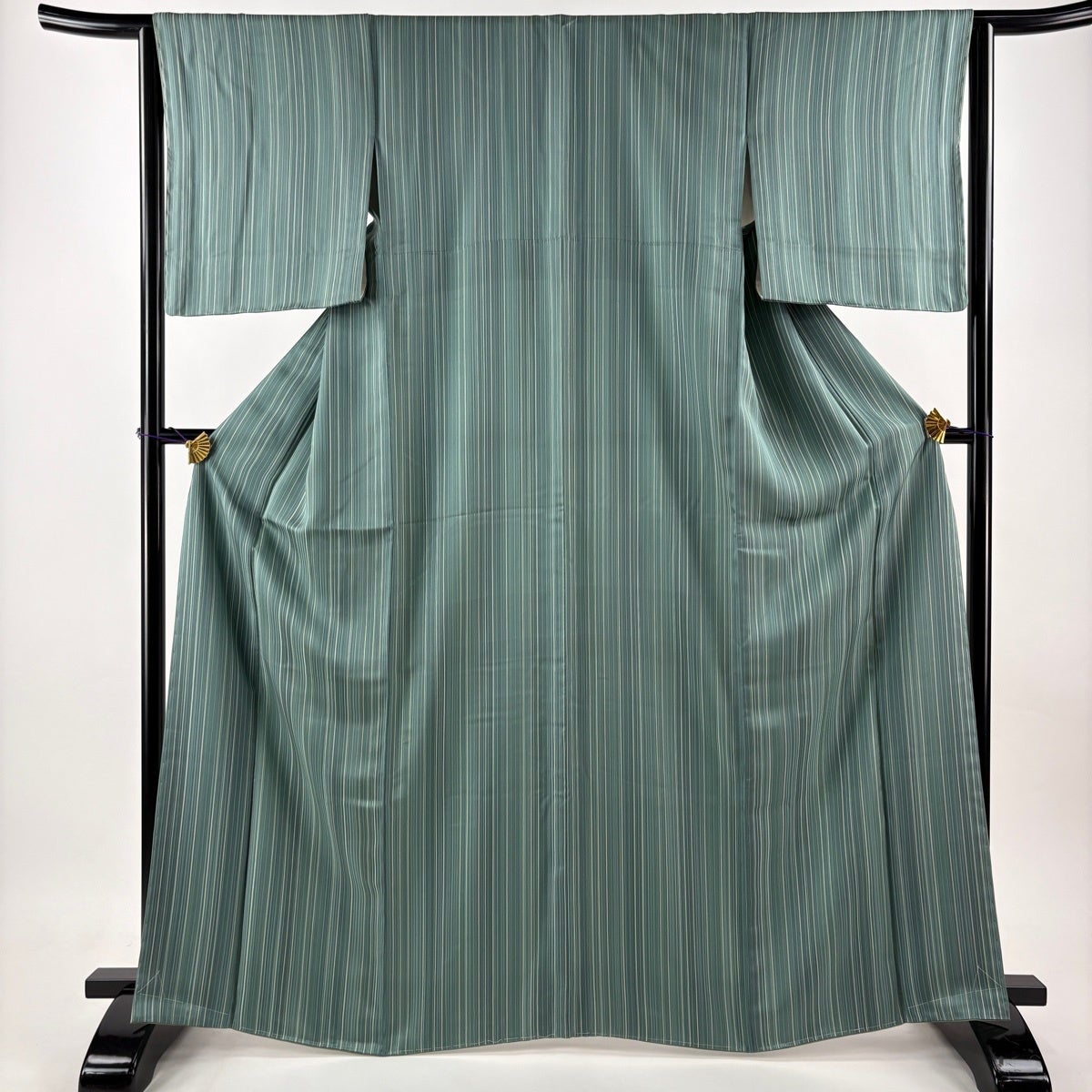 美品】 紬 身丈166cm 裄丈64cm M 袷 名古屋帯セット 縦縞 薄緑 正絹 秀
