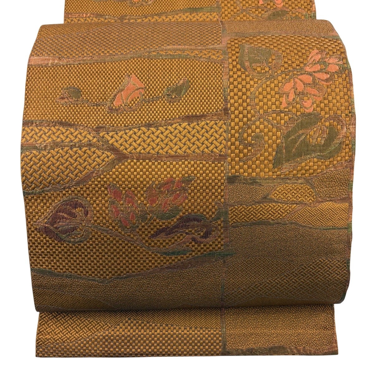 美品】 名古屋帯 優品 八寸名古屋帯 松葉仕立て 草花 箔 山吹茶色 正絹