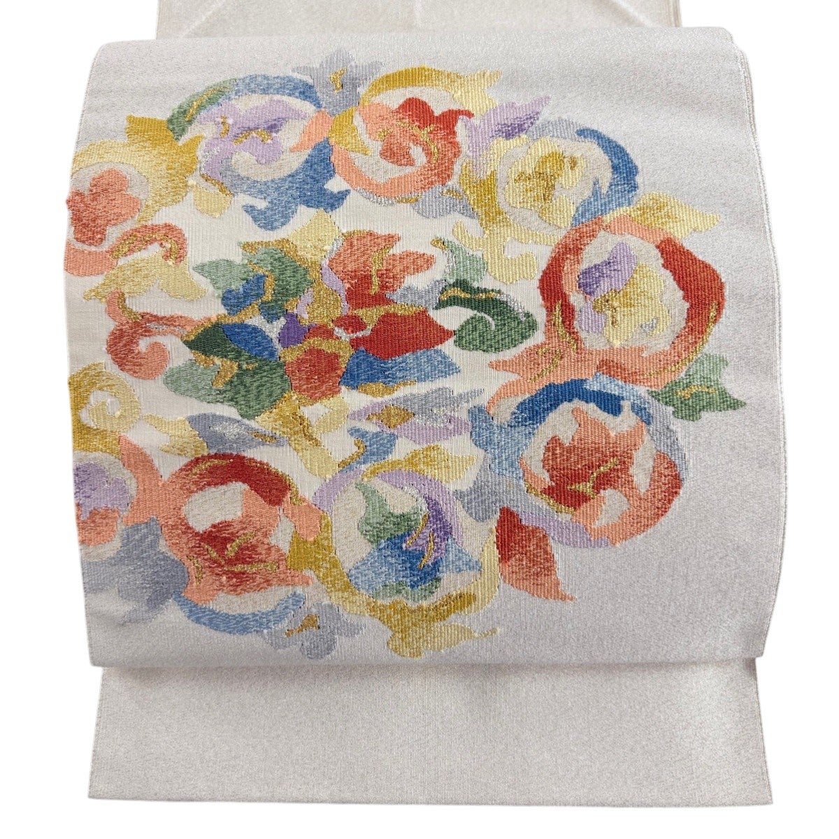 名古屋帯 秀品 夏帯 絽 八寸名古屋帯 松葉仕立て 草花 金銀糸 クリーム