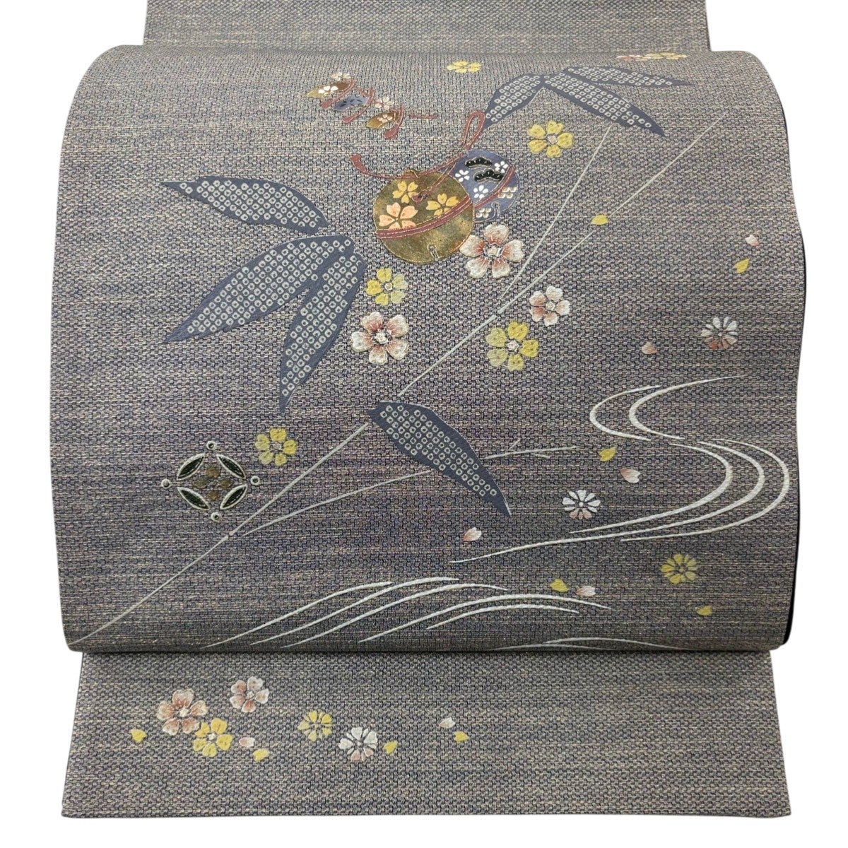 美品】 袋帯 秀品 藤 ヱ霞 絞り 金通し 灰茶 お太鼓柄 正絹｜中古