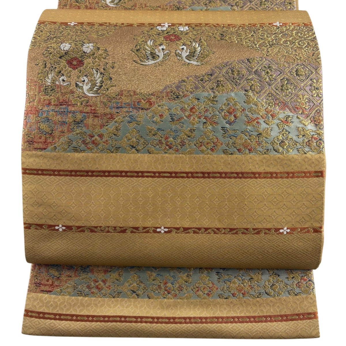 美品】 袋帯 秀品 向かい鳥 花唐草 金糸 箔 灰紫 六通 正絹｜中古