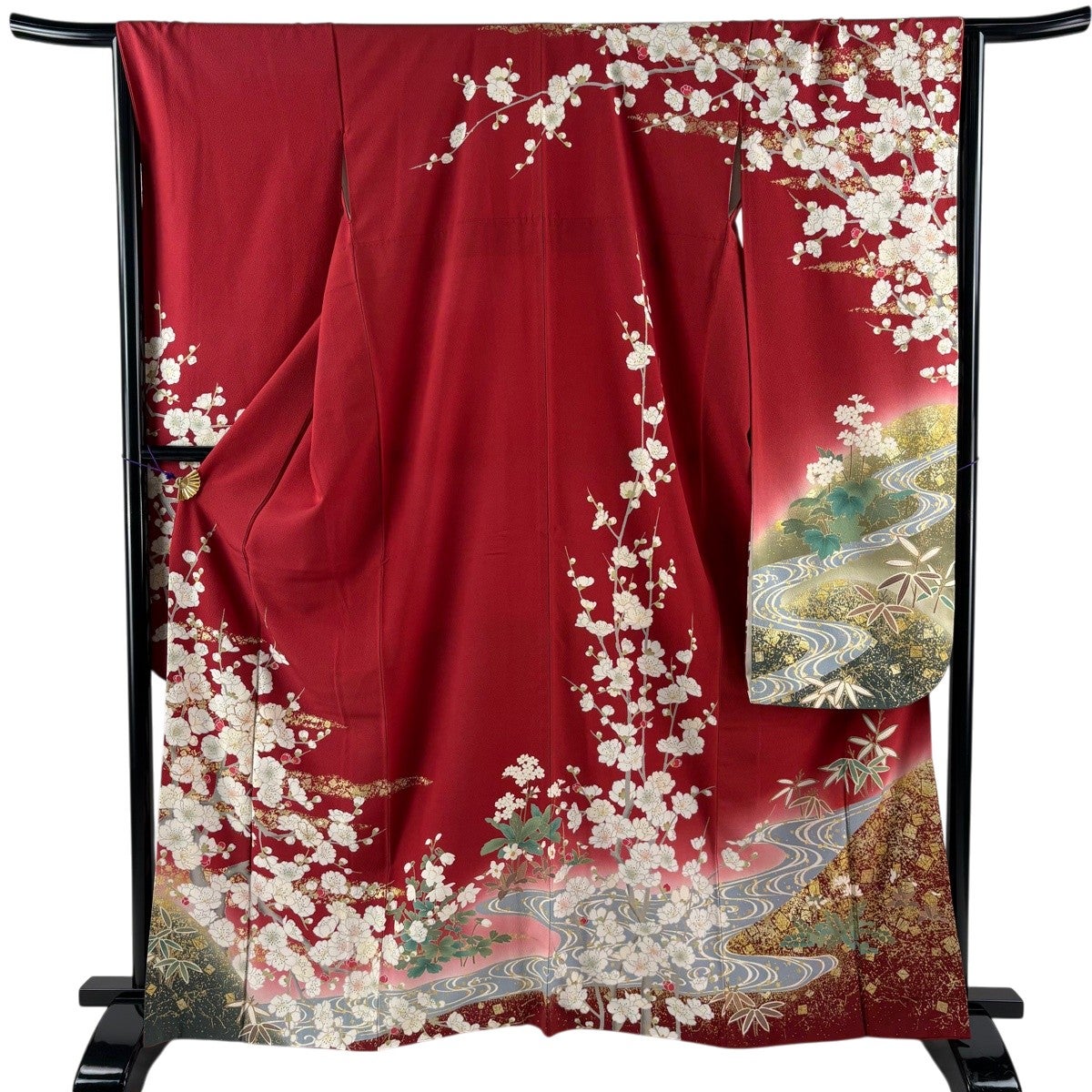 振袖 身丈169.5cm 裄丈66cm M 袷 花車 牡丹 金糸 金彩 赤 正絹 秀品