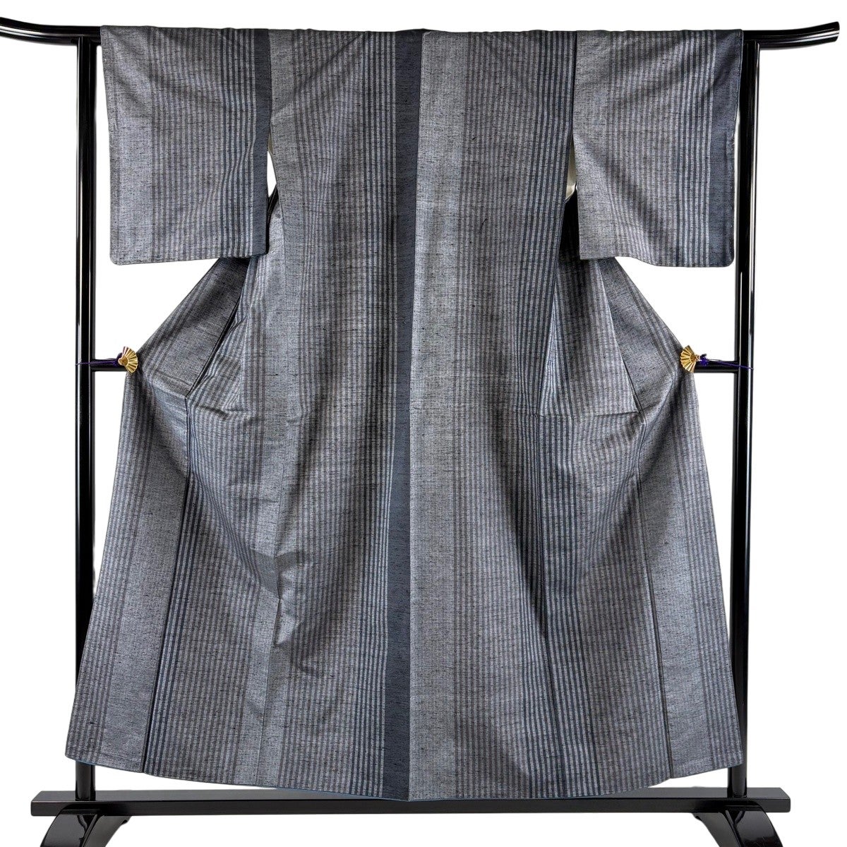 美品】 紬 身丈159cm 裄丈63cm S 袷 バチ衿 縦縞 青灰色 正絹 優品