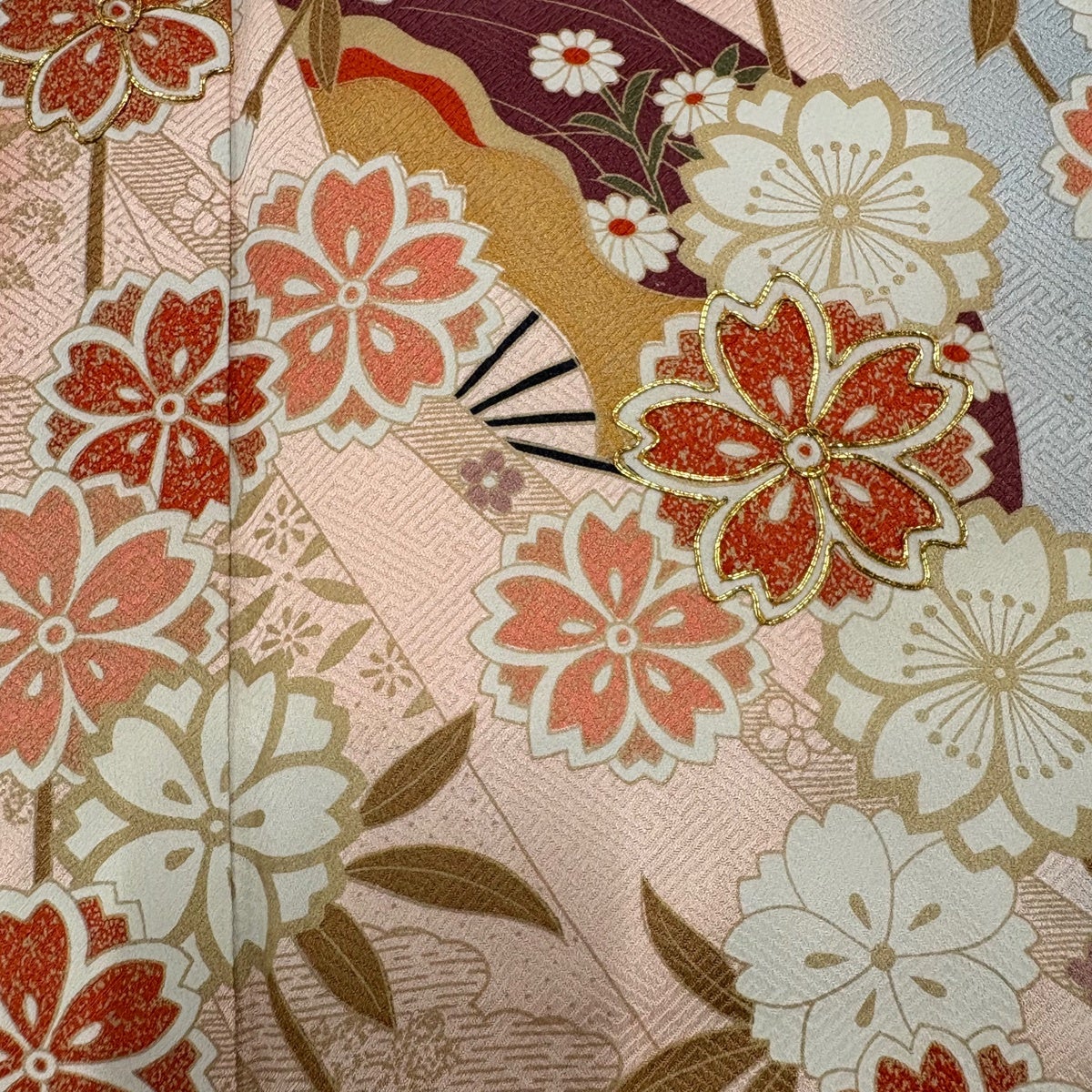 振袖 身丈164cm 裄丈68cm L 袷 桜 扇 金糸 金彩 オレンジ 正絹 秀品