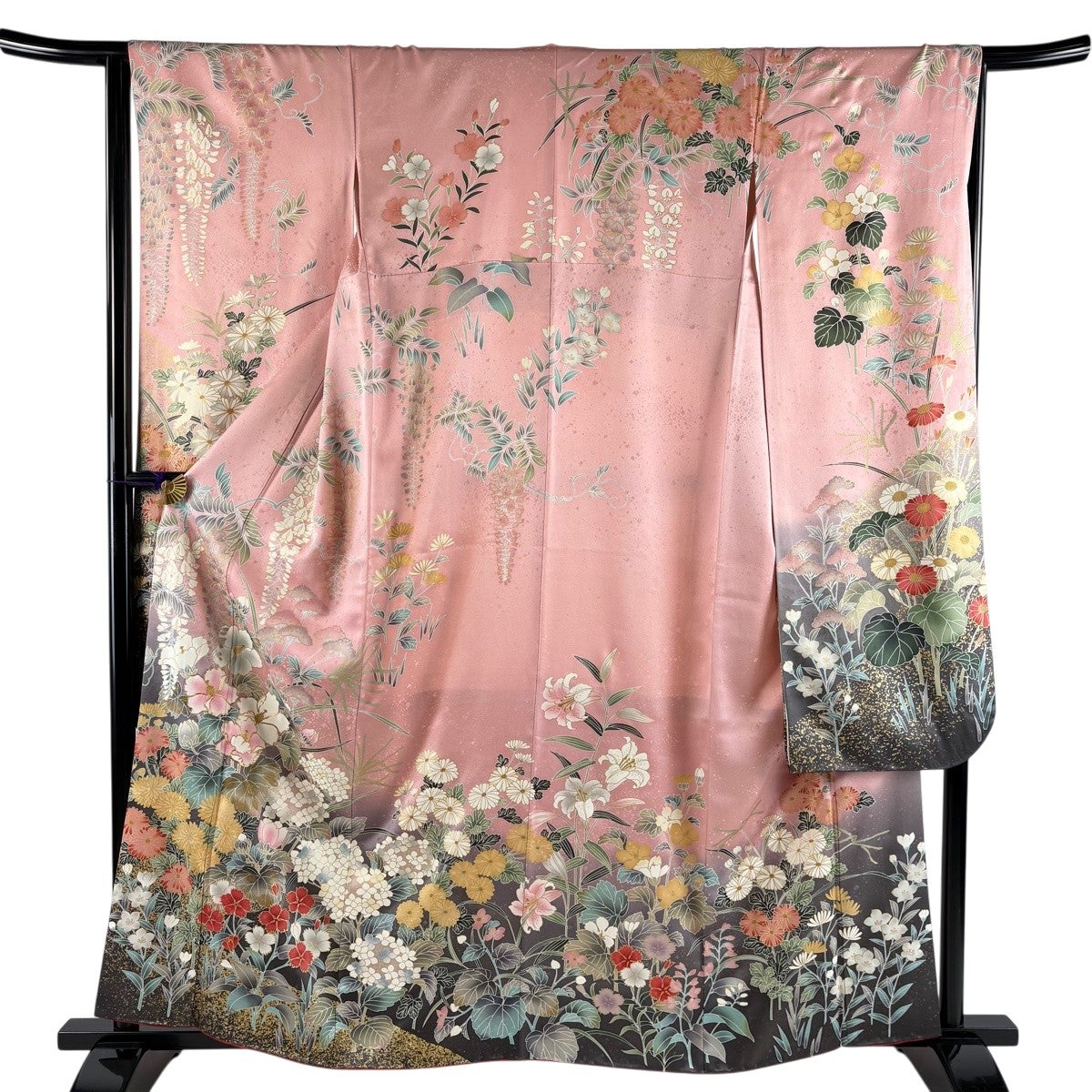 美品】 振袖 身丈160cm 裄丈64.5cm M 袷 草花 地紋 金糸 金彩 ピンク