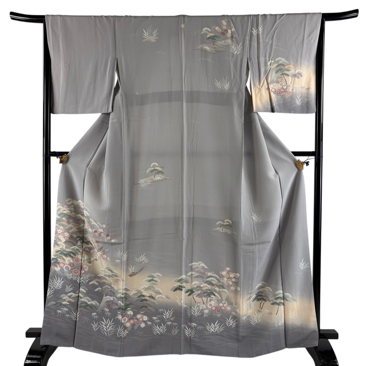 美品】 訪問着 身丈167.5cm 裄丈66cm M 袷 紬地 落款あり 風景 建物