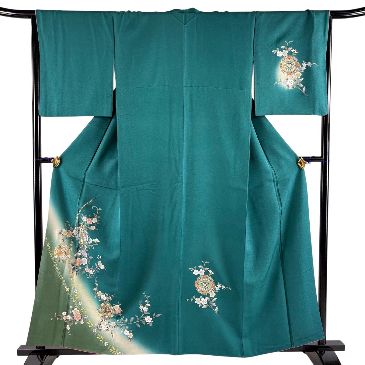 訪問着 身丈152cm 裄丈65.5cm M 袷 誰が袖 藤 金彩 深緑 正絹 秀品
