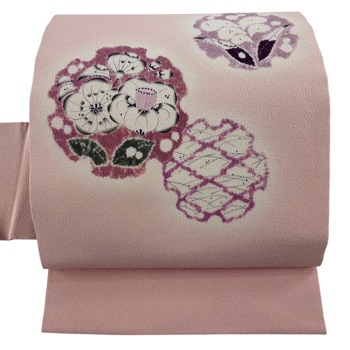 美品】 名古屋帯 逸品 小倉淳史 落款あり 雪輪 草花 縮緬 ピンク 正絹