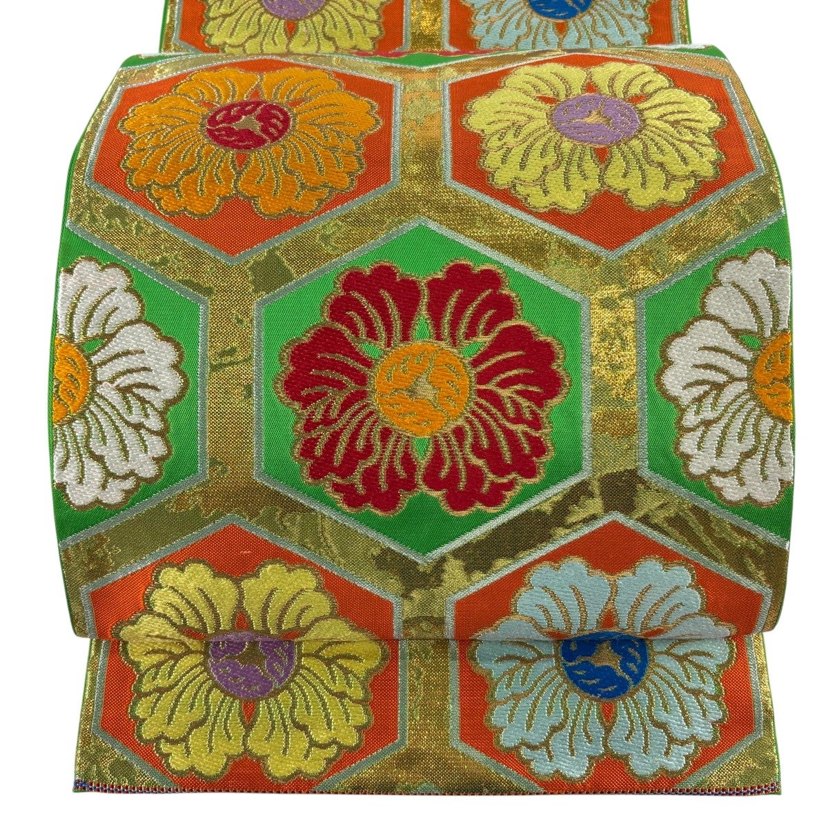 美品】 袋帯 逸品 龍村平蔵 落款あり 本袋 鶴壽金華山文錦 箔 オレンジ
