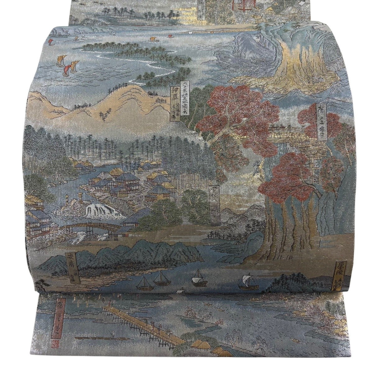 40%OFF 【美品】 袋帯 逸品 風景 箔 銀色 お太鼓柄 正絹 K30｜中古