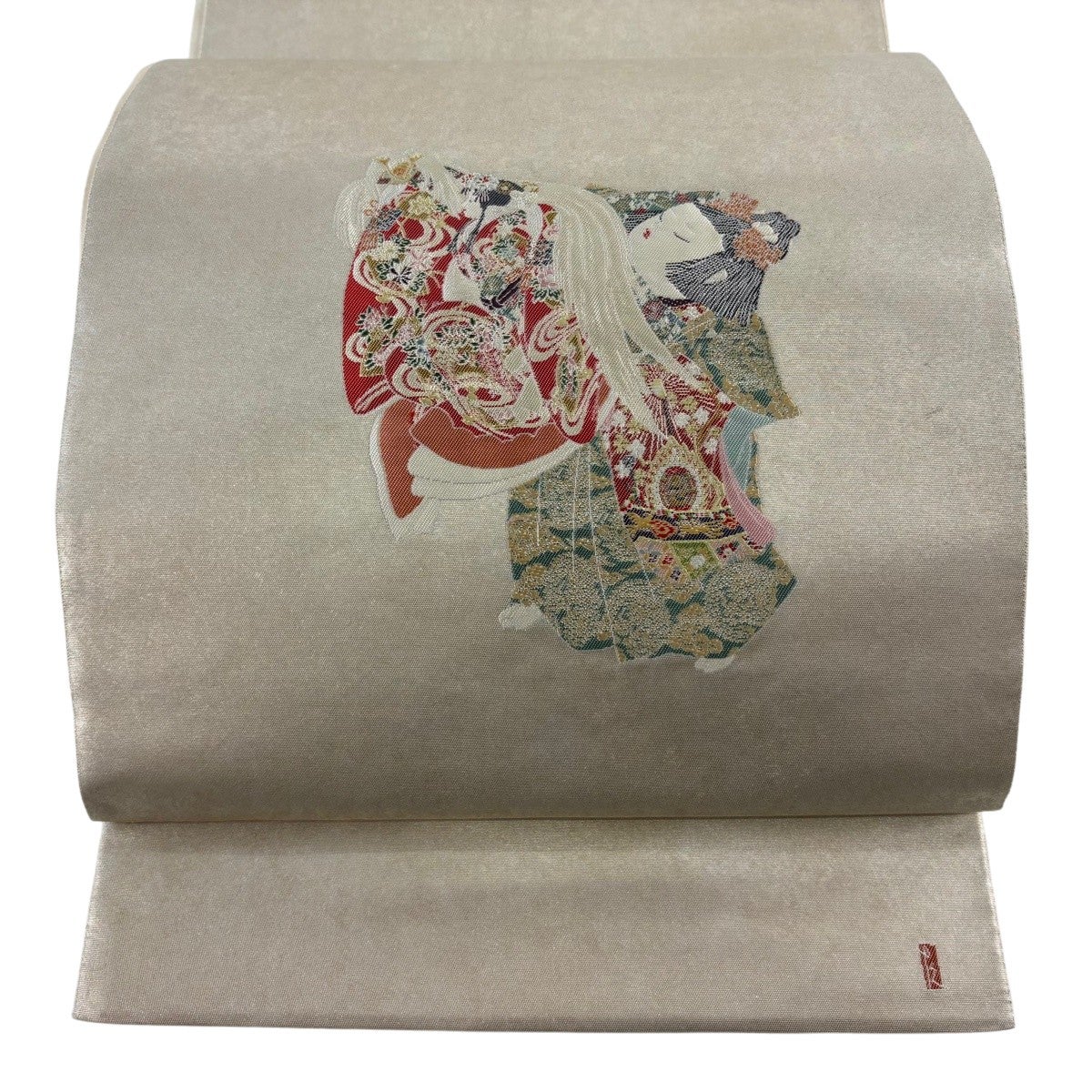 袋帯 名品 由水十久 落款 人物 楽器 箔 金色 お太鼓柄 正絹 【中古】 袋帯