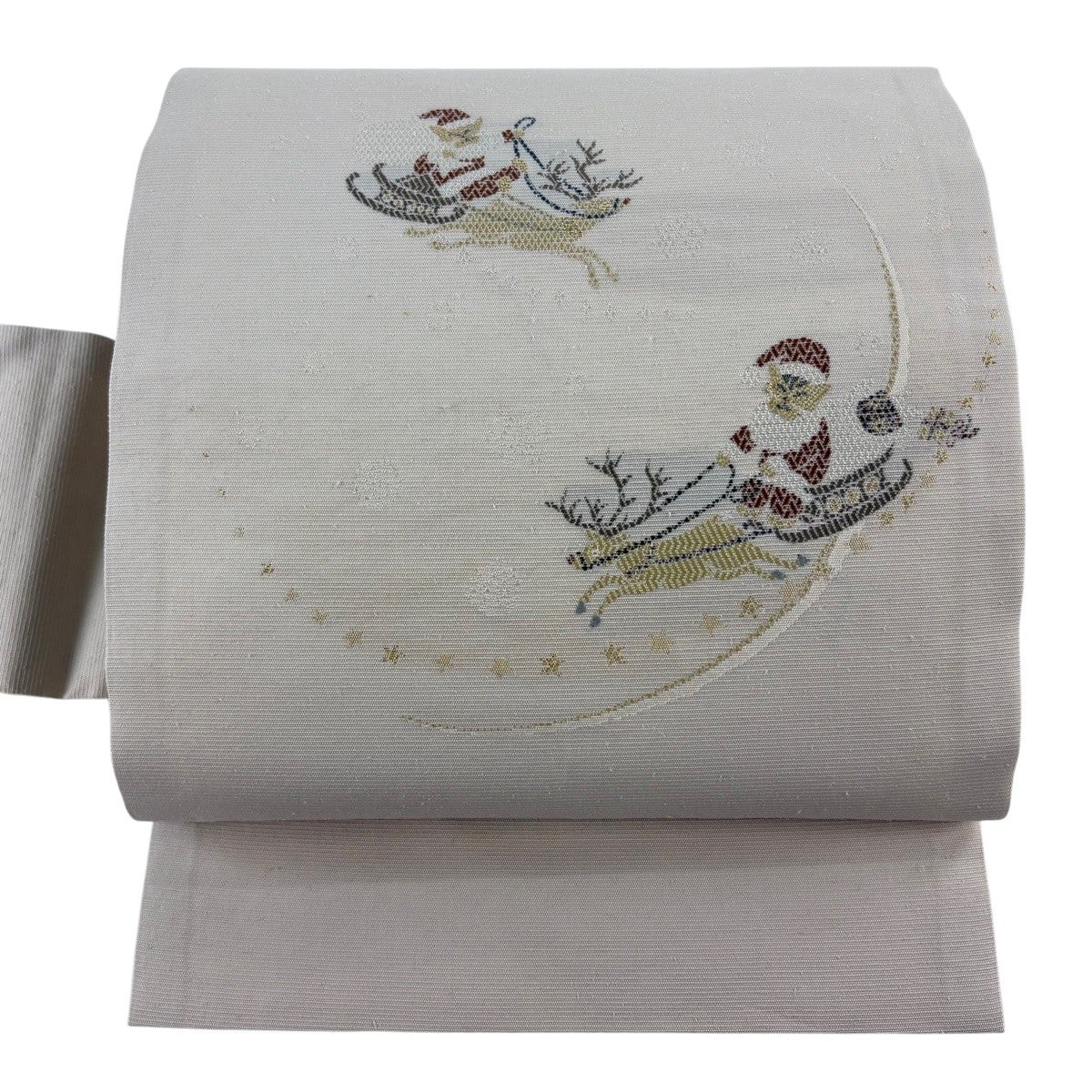 美品】 名古屋帯 逸品 ネコサンタクロース トナカイ 金糸 ベージュ