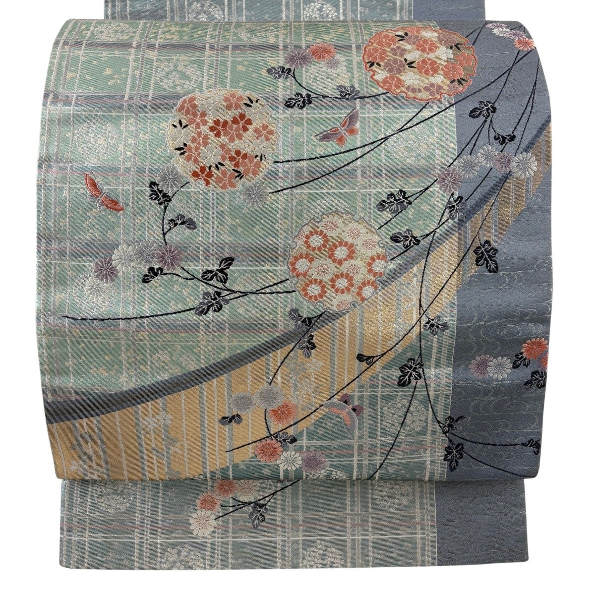 袋帯 名品 関西仕立て 華文 花喰鳥 螺鈿 箔 金色 お太鼓柄 正絹｜中古