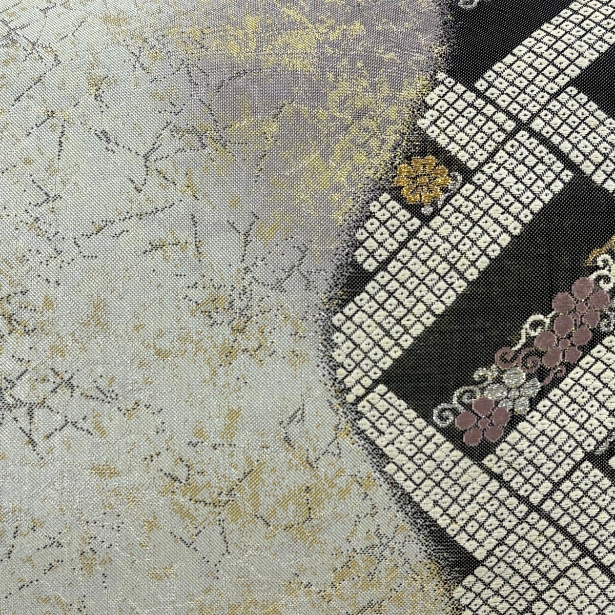 袋帯 秀品 花唐草 幾何学模様 金銀糸 箔 灰色 六通 正絹｜中古・古着