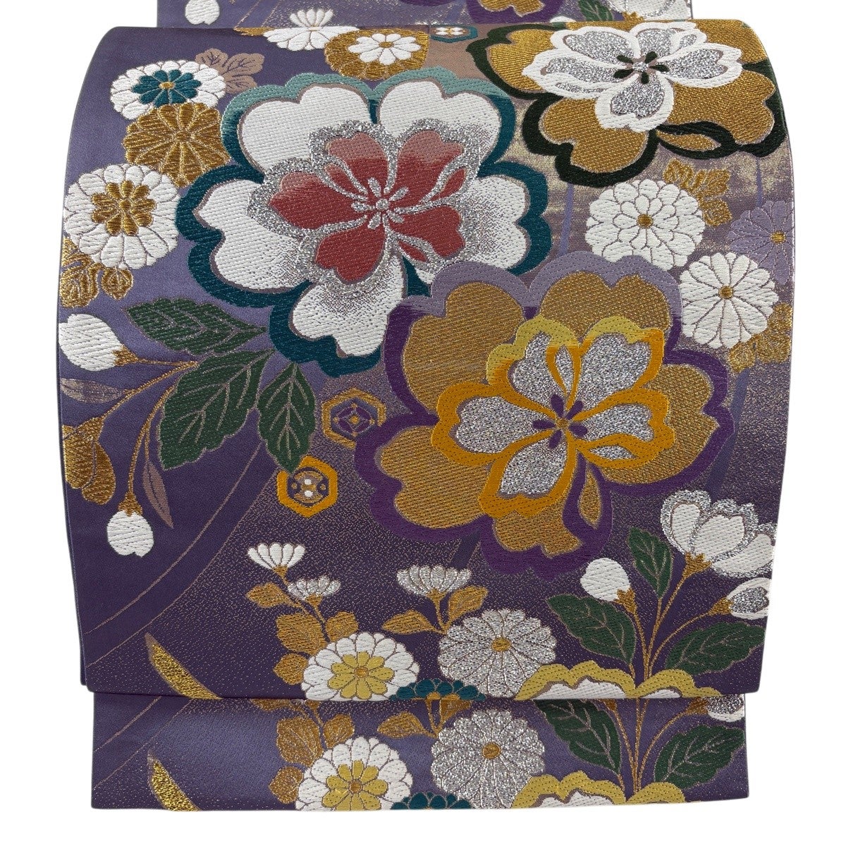 美品】 袋帯 秀品 落款あり 桜 几帳 金銀糸 箔 紫 六通 正絹｜中古